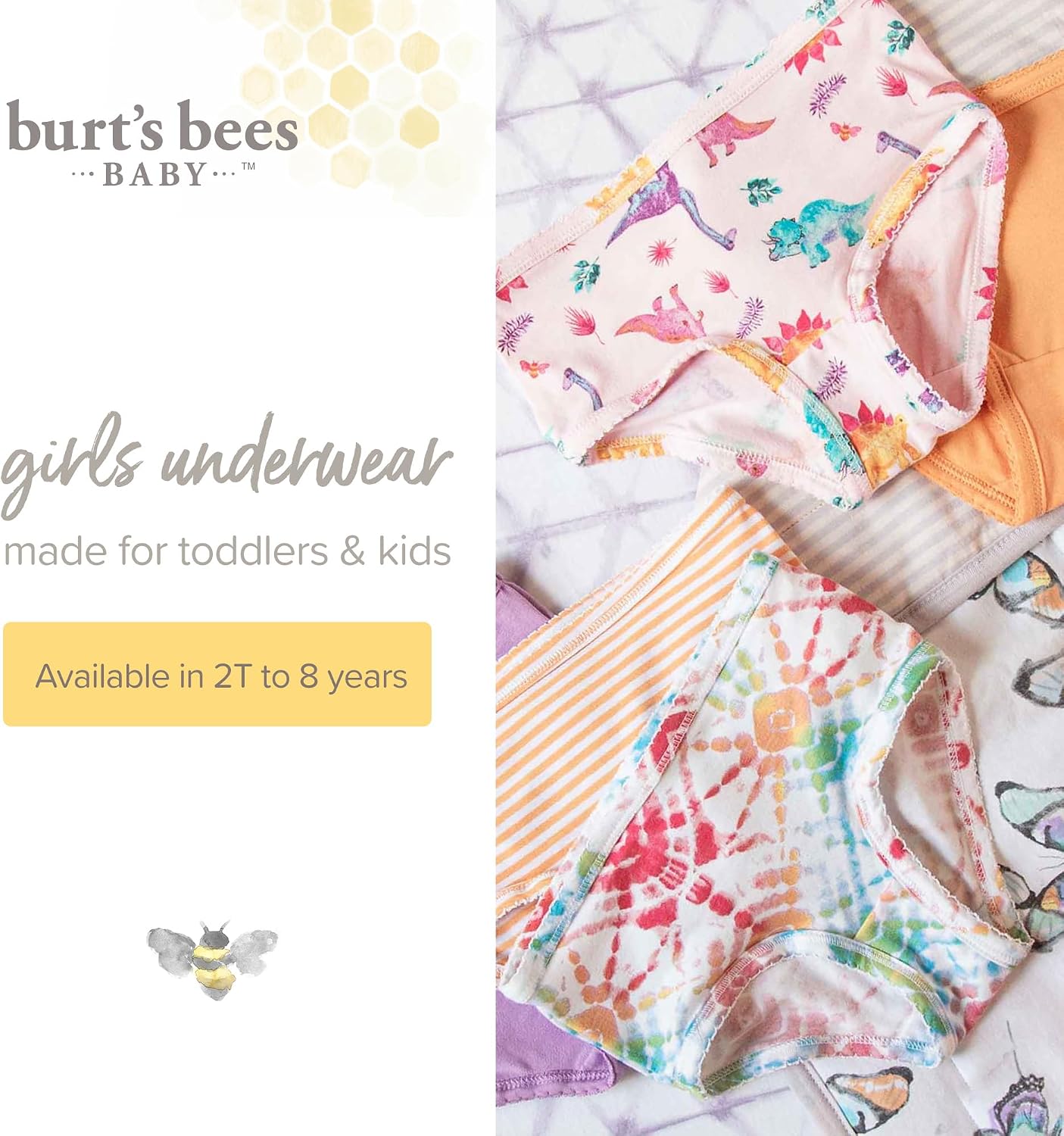 Detalle de Burt's Bees Baby Toddler Girls' Underwear Set of 5 (2T–8 Years) – Solids, Stripes, Prints