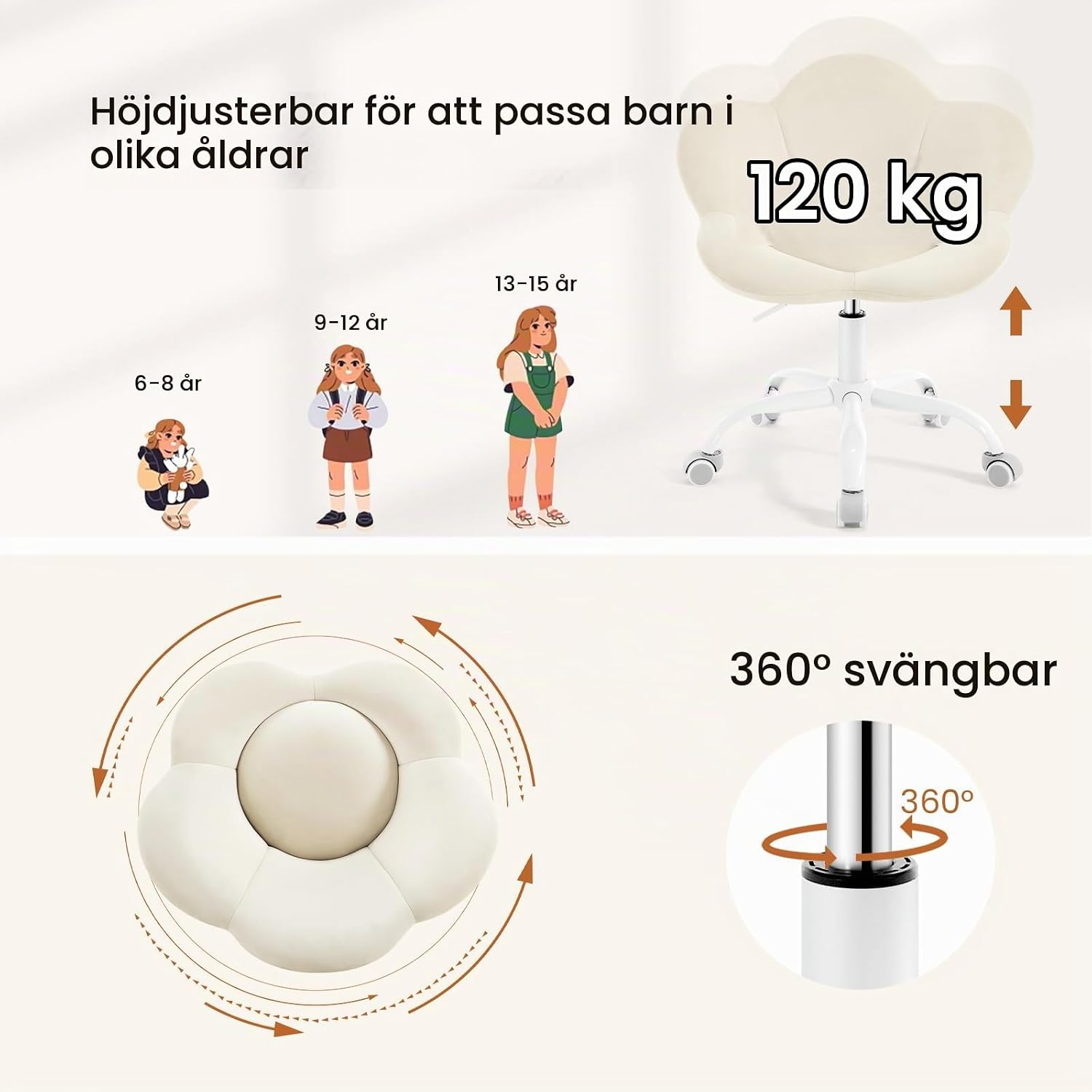 Thumbnail 6 de WOLTU BS183be barnkontorsstol i beige sammet med hjul och höjdjustering