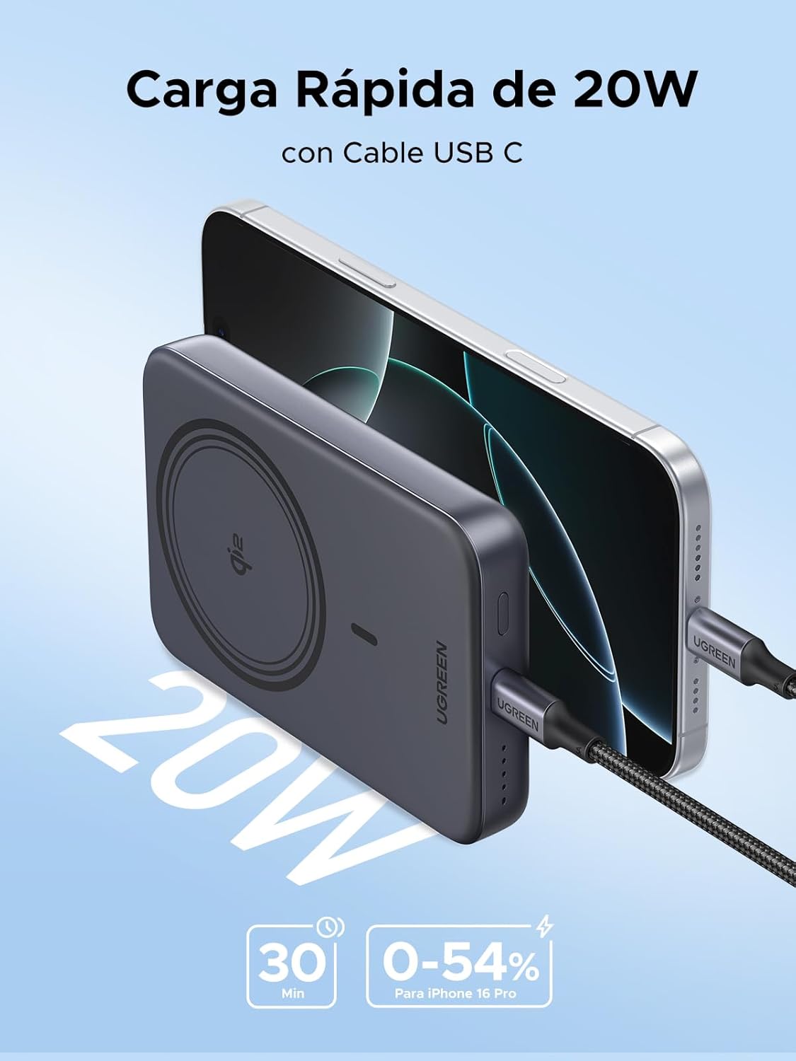 Detalle 2 de UGREEN Nexode Qi 2: Power Bank Magnético 10000mAh ⚡