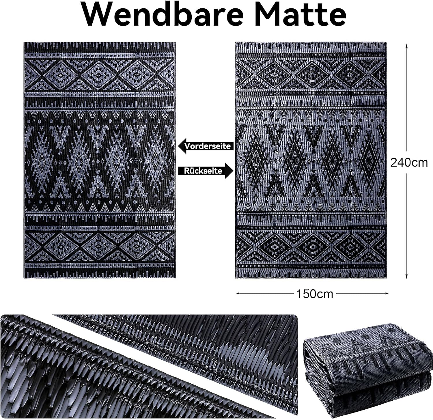 Thumbnail 1 de Homaxy Outdoor Teppich wetterfest 150 x 240 cm, faltbar, wendbar – Schwarz & Grau