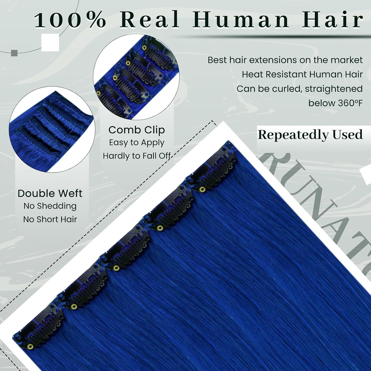 Detalle 2 de RUNATURE Extension clip capelli colorati blu 35 cm, 5 pz 🎀