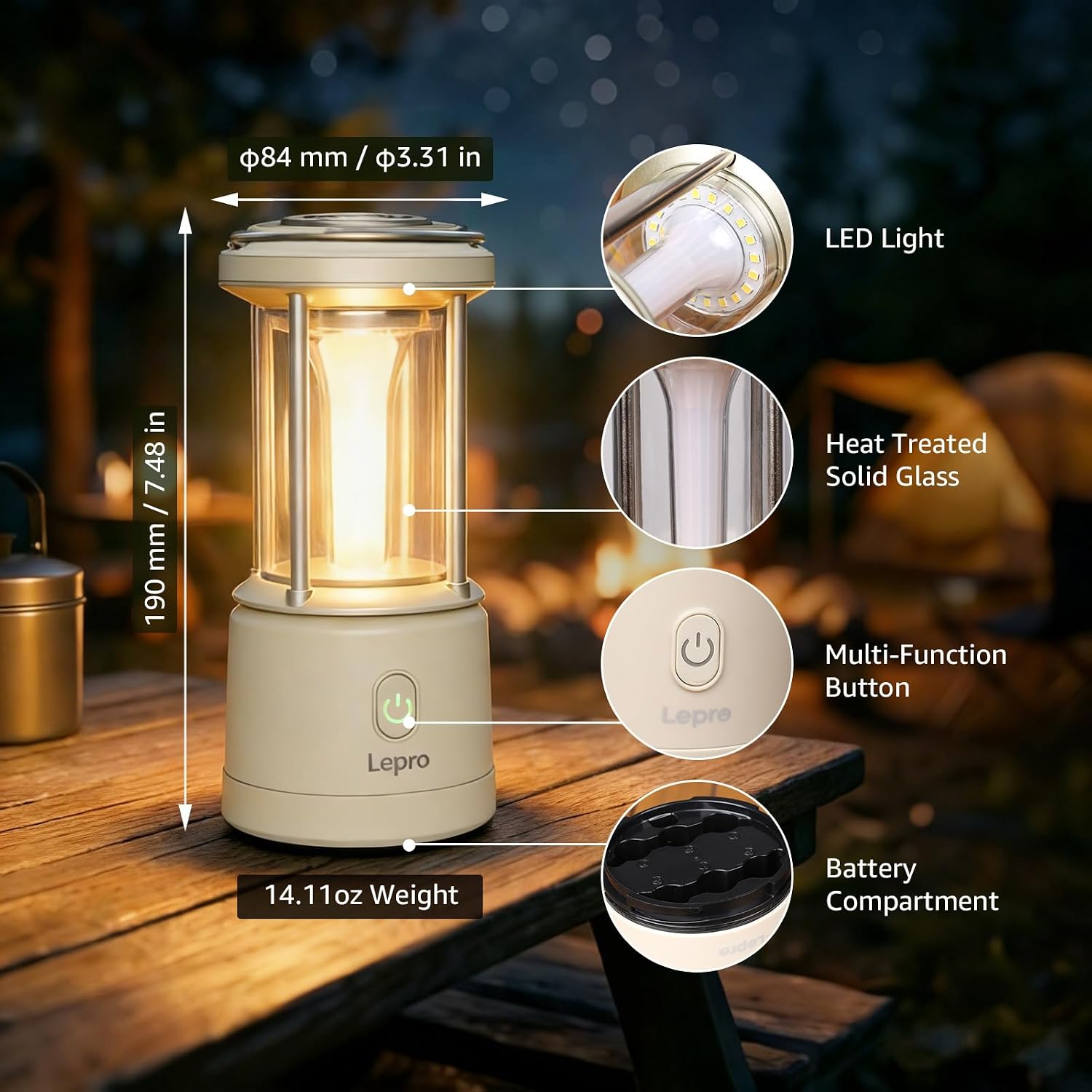 Detalle de Lepro Camping Lantern (1100 Lumens) – AA Battery Powered, Dimmable 5 Modes with Warm & Cool Light
