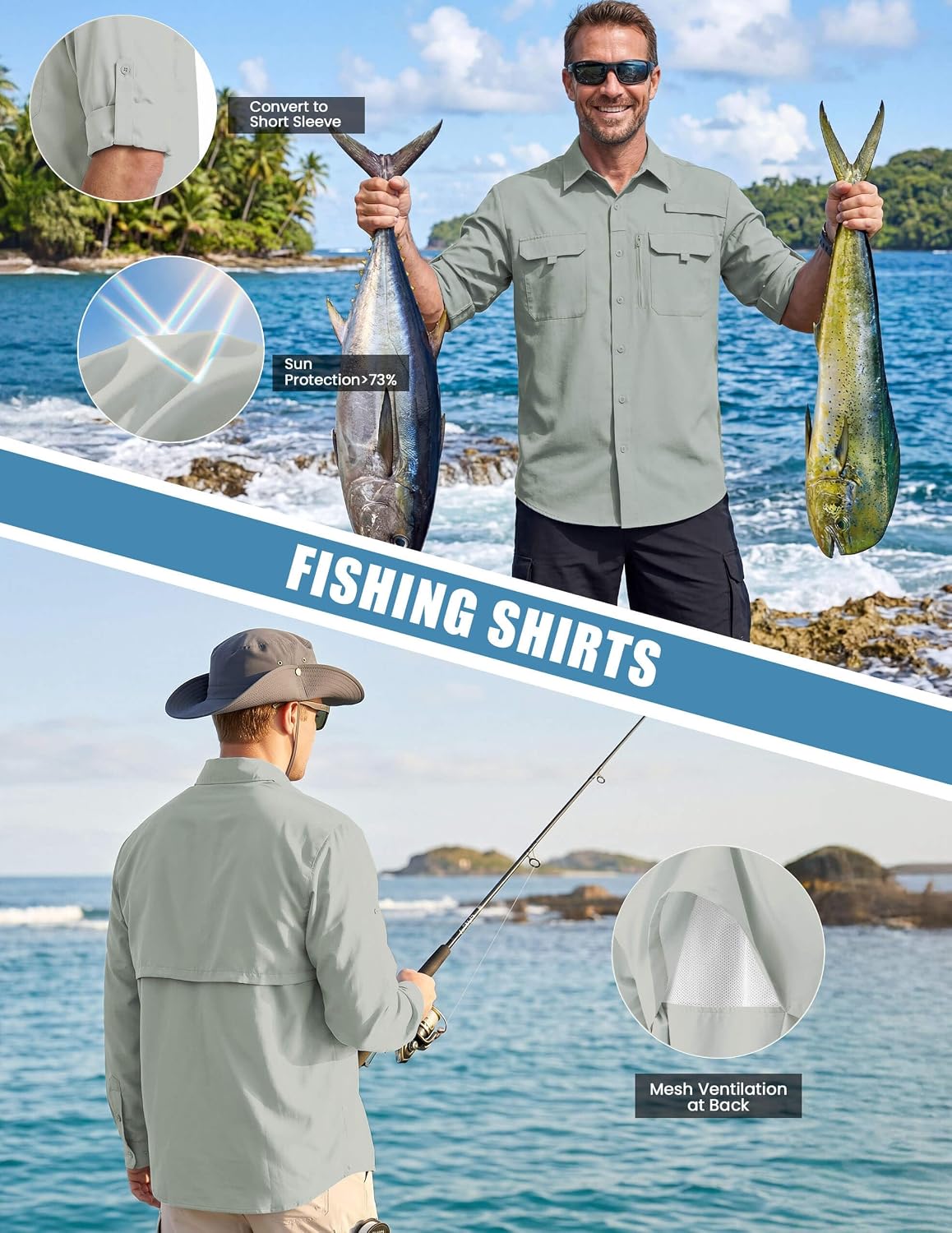 Detalle de WULFUL Men's Sun Protection Fishing Shirts UPF 50+ Lightweight Quick Dry Long Sleeve with Roll-Up Cuffs