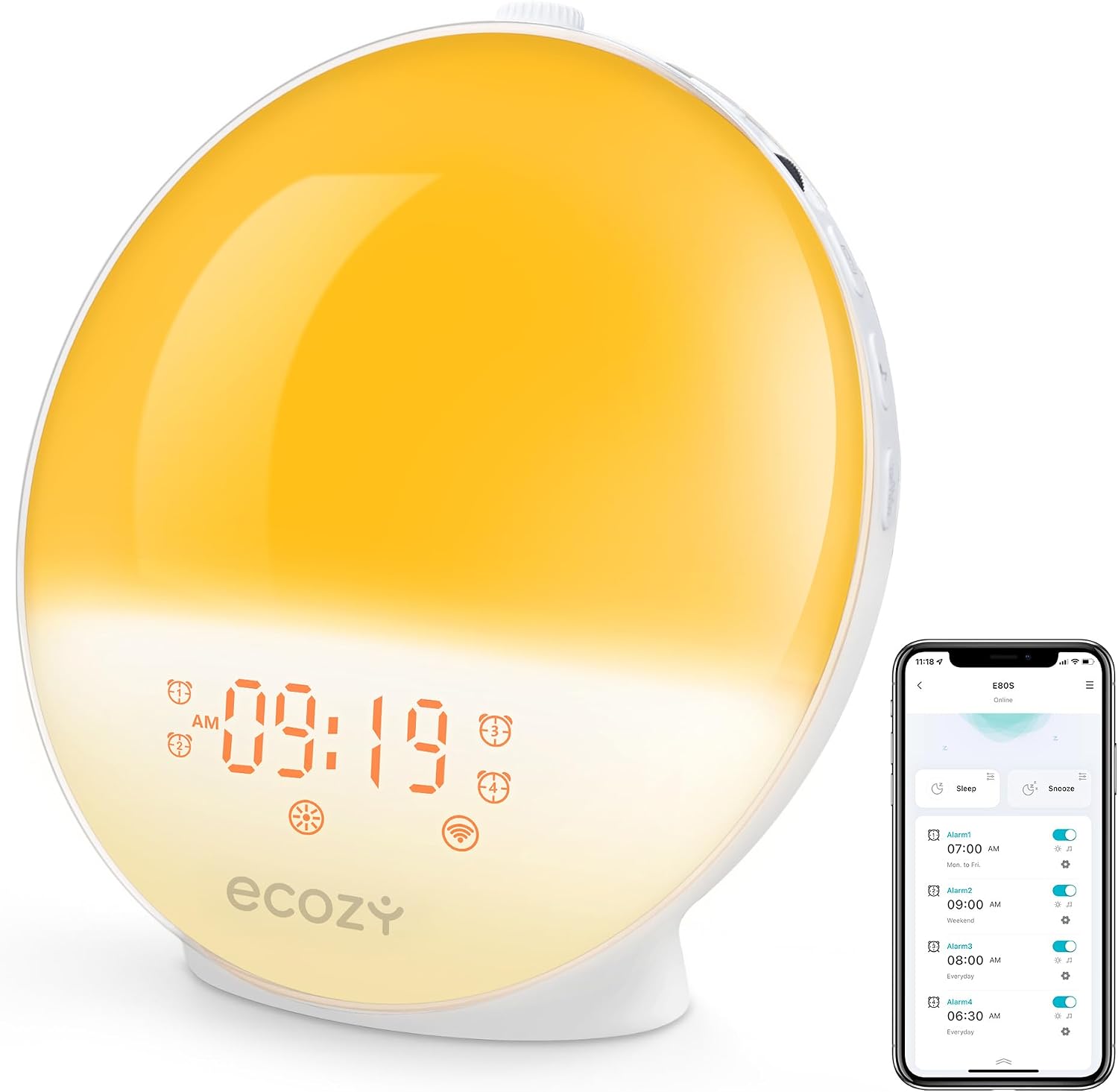 Detalle de ecozy E80S Sunrise Alarm Clock with App Control, Sunset Simulation and FM Radio
