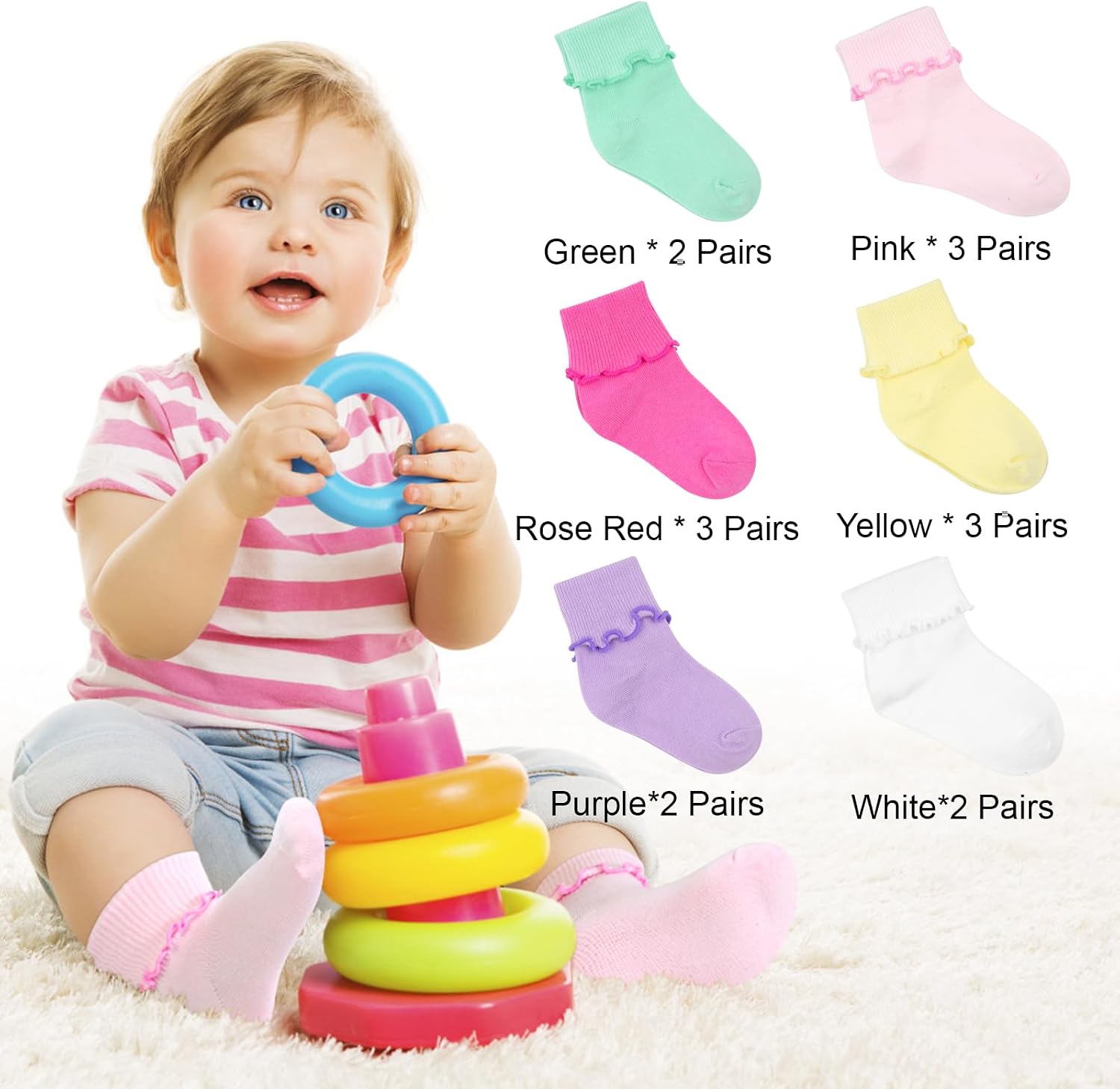 Thumbnail 1 de GENTABY 15 Pairs Baby Girls Frilly Cotton Socks (0–6 Years) – Pink, White, Yellow & Multicolour