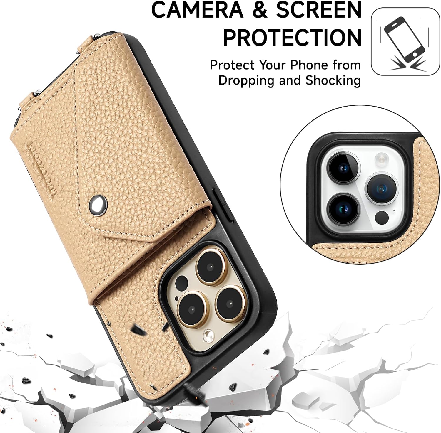 Detalle de LUCKYCOIN Crossbody Leather Phone Case for iPhone 15 Pro Max with Expandable Card Holder