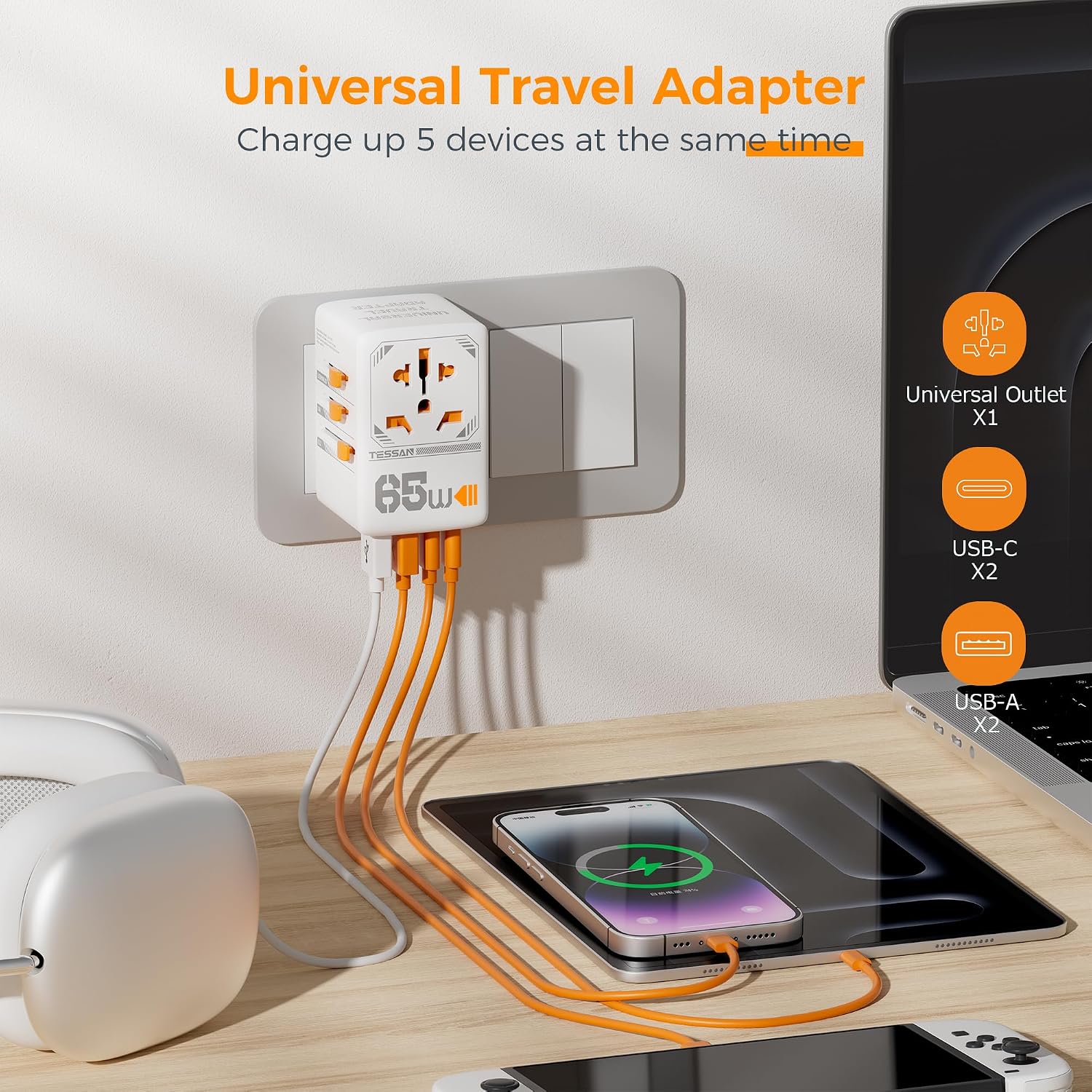 Thumbnail 4 de TESSAN Universal Travel Adapter 65W with USB-C ports 🔌