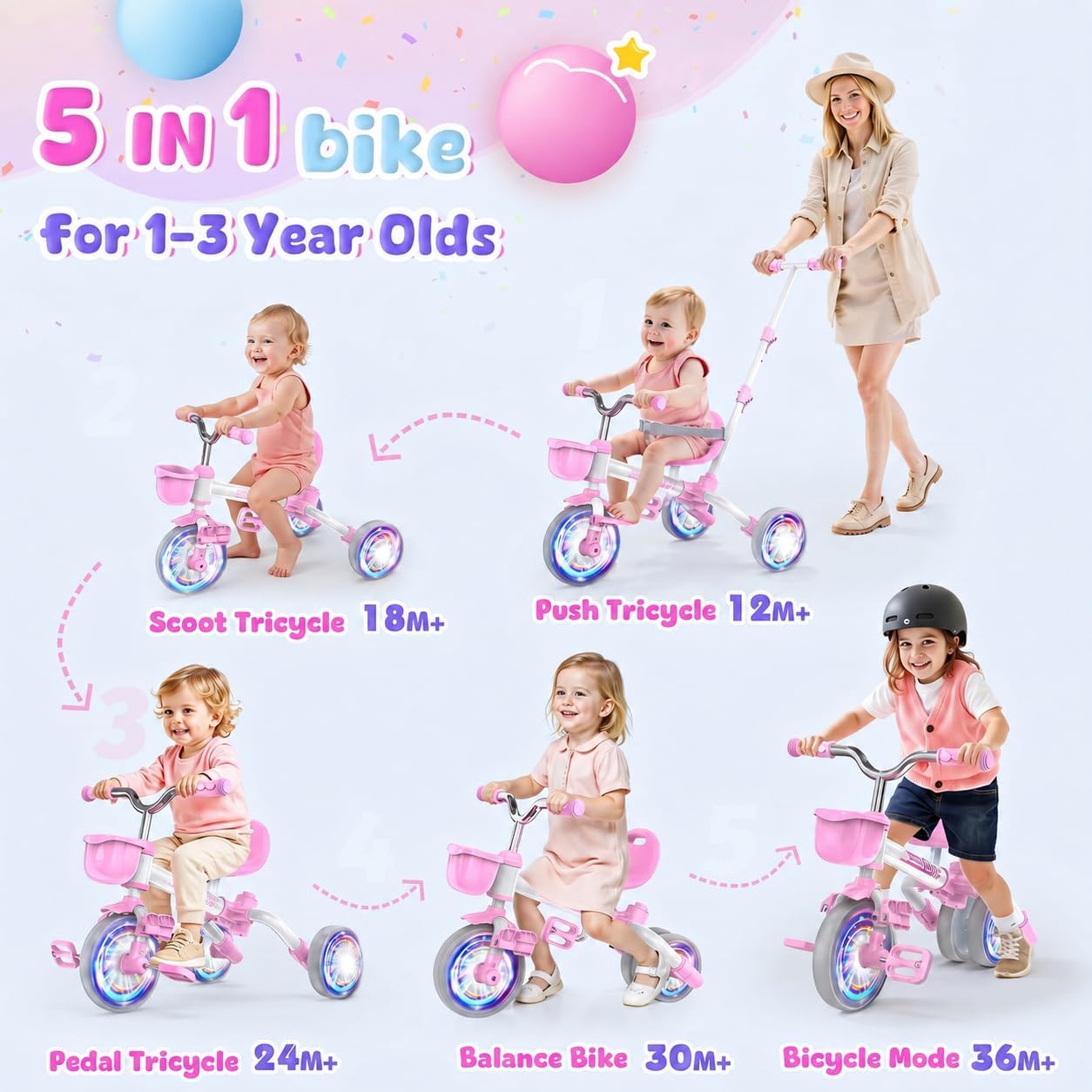 Detalle 2 de Kkdi 5-in-1 Toddler Bike: Grow-With-Your-Child Tricycle for 1–5 Years