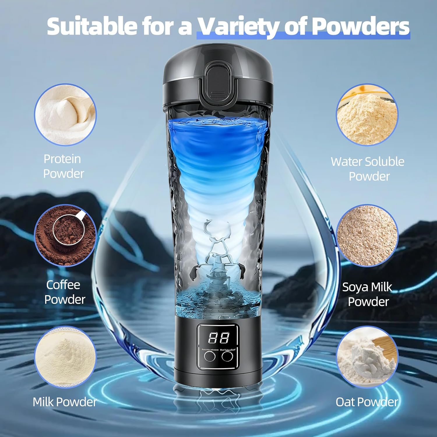 Detalle 2 de RUIHANDA Electric Protein Shaker Bottle 700ml (BPA-free) with USB-C Rechargeable Mixer