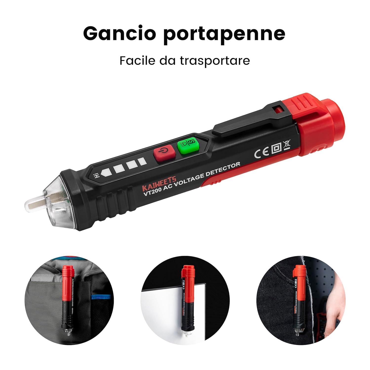 Thumbnail 4 de Tester di tensione KAIWEETS senza contatto (NCV) con doppia gamma AC 12V-1000V e allarme cicalino/luce, VT200