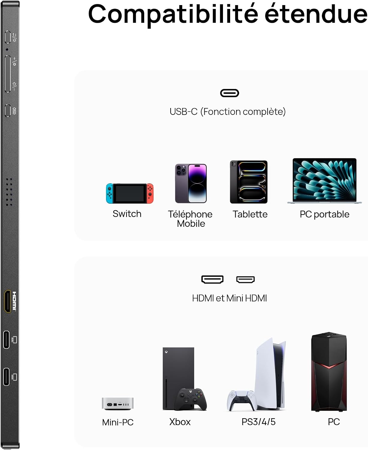 Detalle de ARZOPA Grand Écran Portable 17,3 pouces FHD HDR IPS (USB‑C/HDMI) pour PC, Mac, PS5/PS4, Xbox et Switch