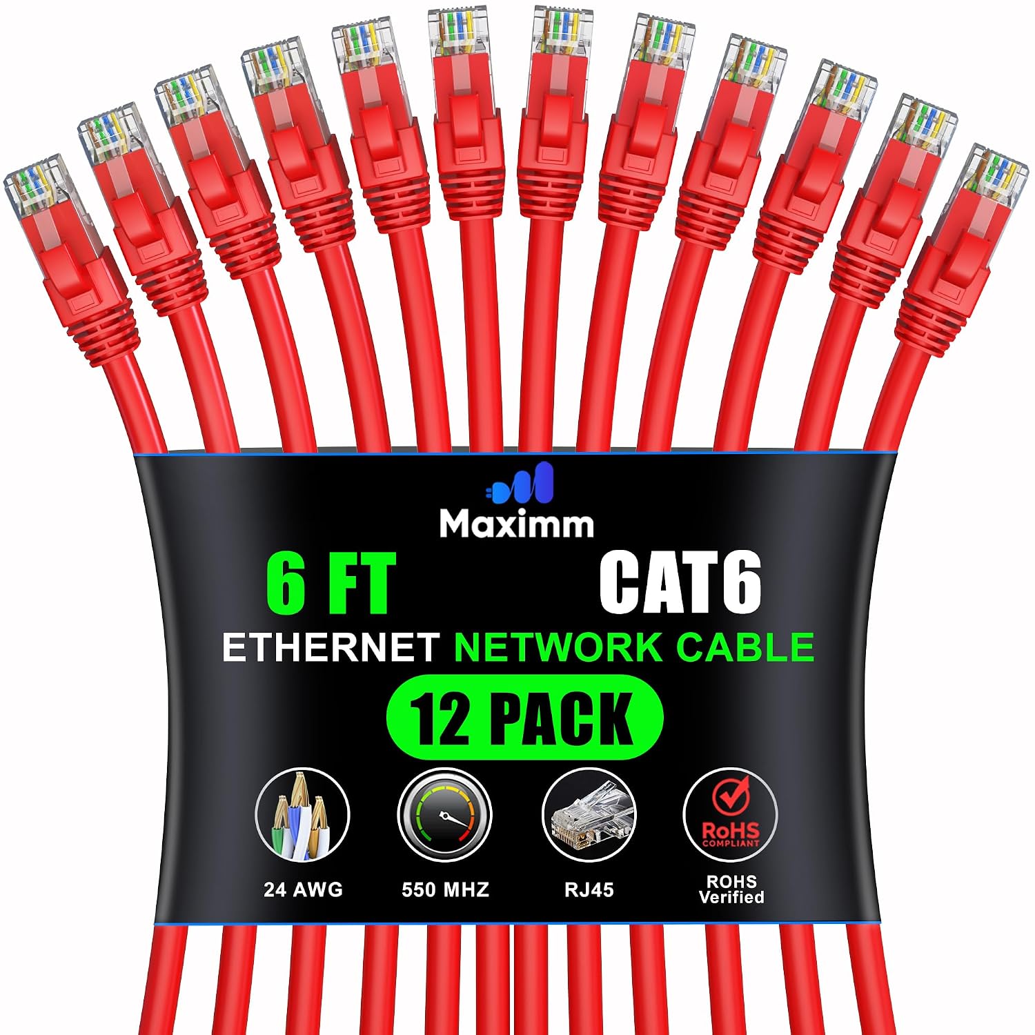 Detalle de Maximm Cat6 Ethernet Cable, 6 ft, 12-Pack, Red, 10 Gbps, 550 MHz