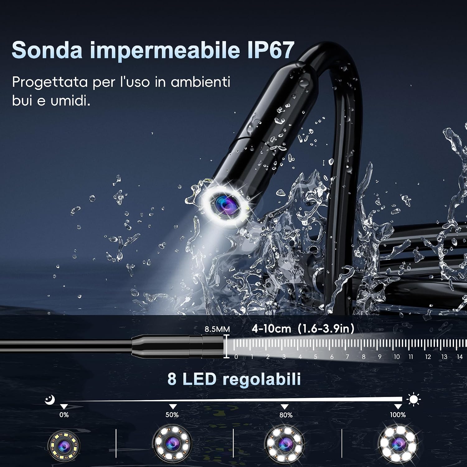 Detalle de Endoscopio Industriale da 15 m con schermo 4.3'' IP67 – Borescope HD 1080P