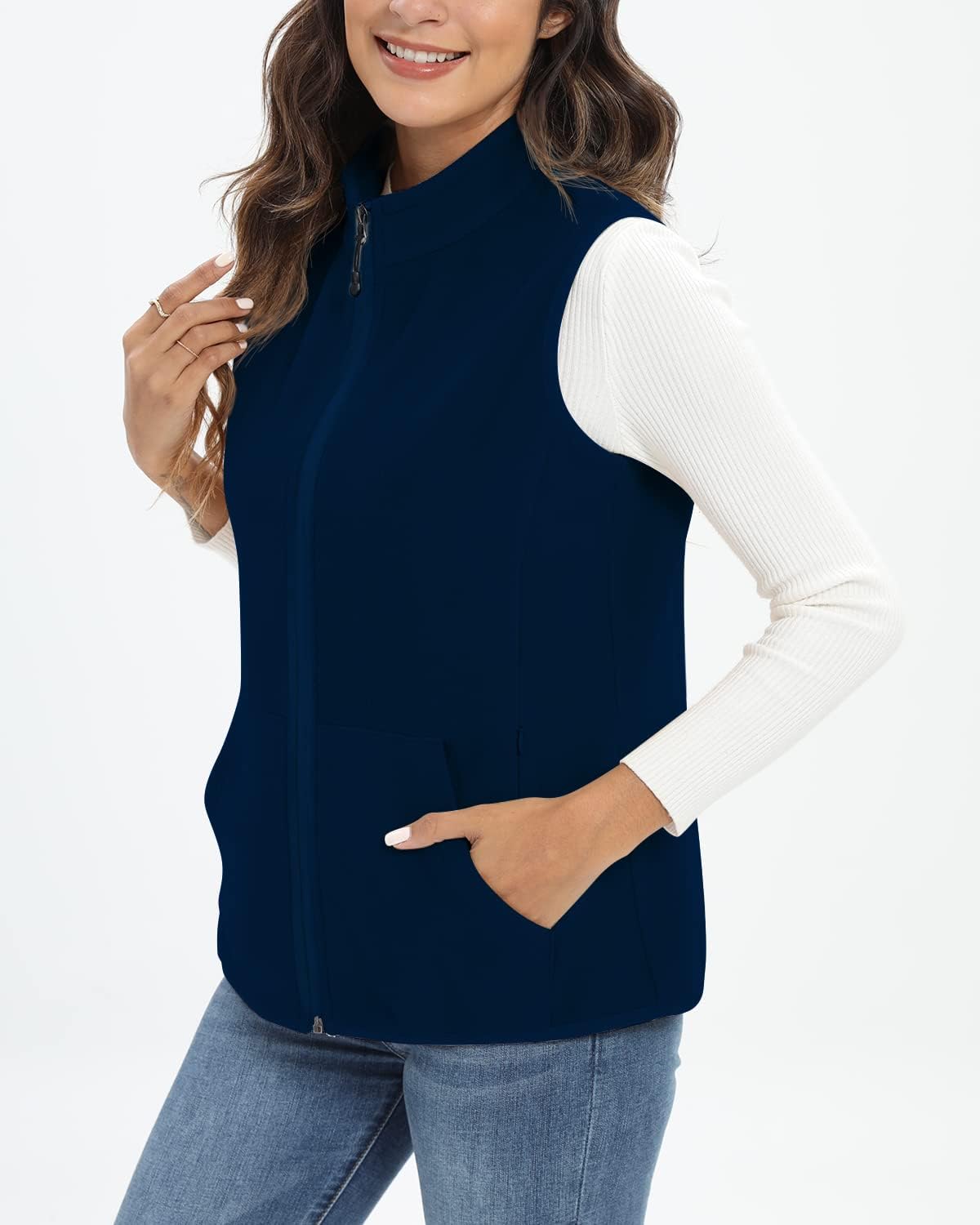 Detalle de Xeoxarel Women's Fleece Vest with 6 Pockets, Full Zip, Stand Collar, XS–XXL