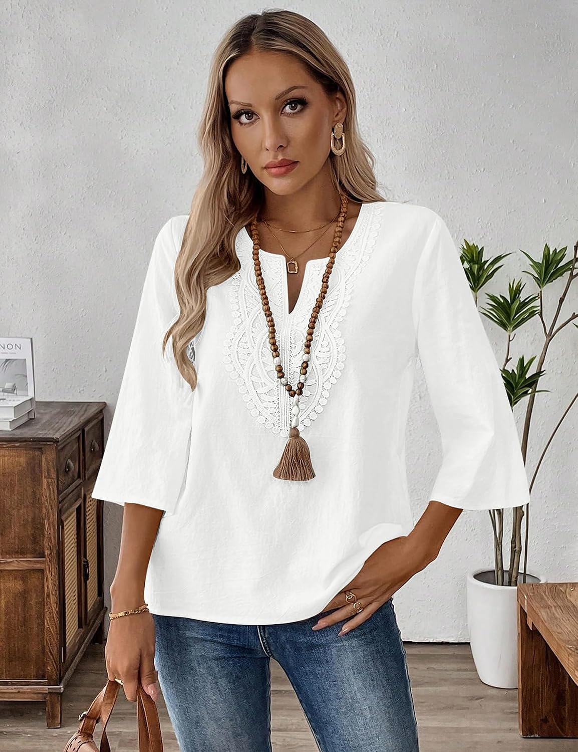 Detalle de Lomon Womens Cotton Linen 3/4 Sleeve V-Neck Lace Casual Loose Fit Blouse