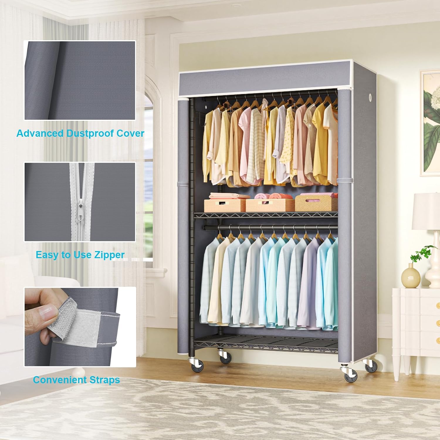 Detalle de FUTASSI P1C Covered Clothing Rack with Gray Cover, Shelves and Wheels