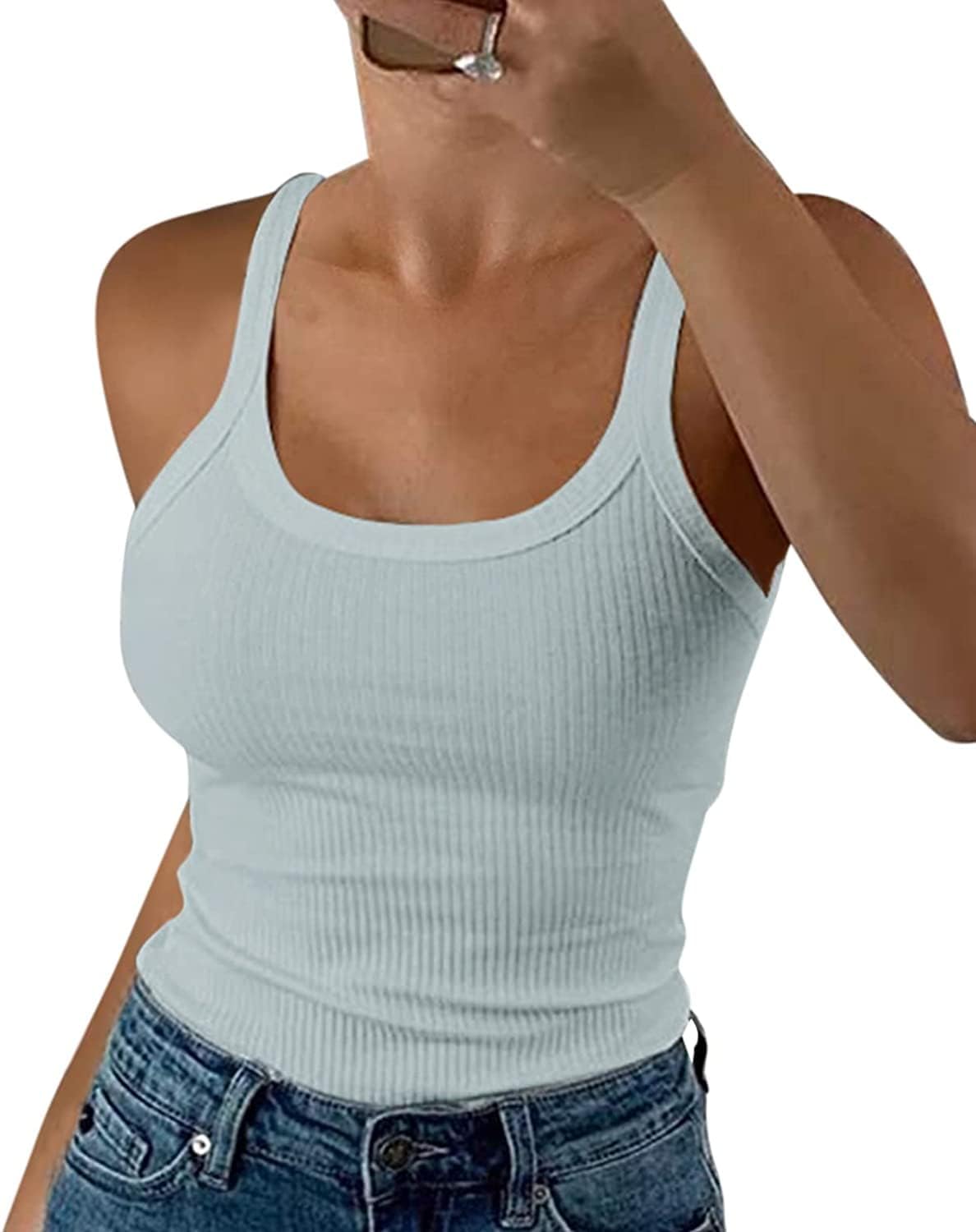 Thumbnail 6 de Wenrine Damen Spaghetti Tops U-Ausschnitt Slim Fit – gerippt, leicht durchsichtig? Nein: blickdichter Sommer- Tanktop
