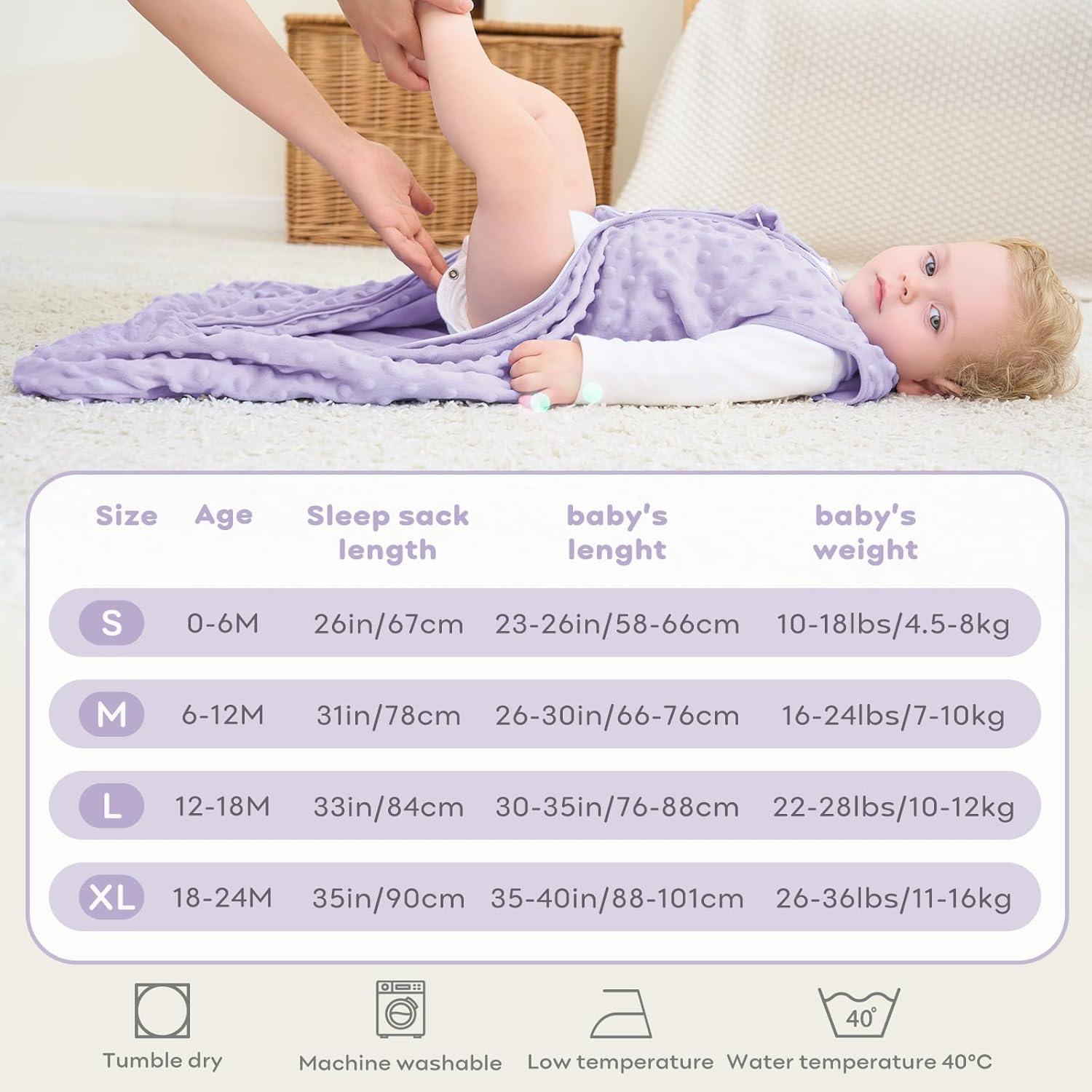 Detalle de FIEMOL Schlafsack Baby 6-12 Monate, 1.5 Tog, Plüsch-Doppelmaterial, Rosa/Lila, 78 cm – 2er Pack