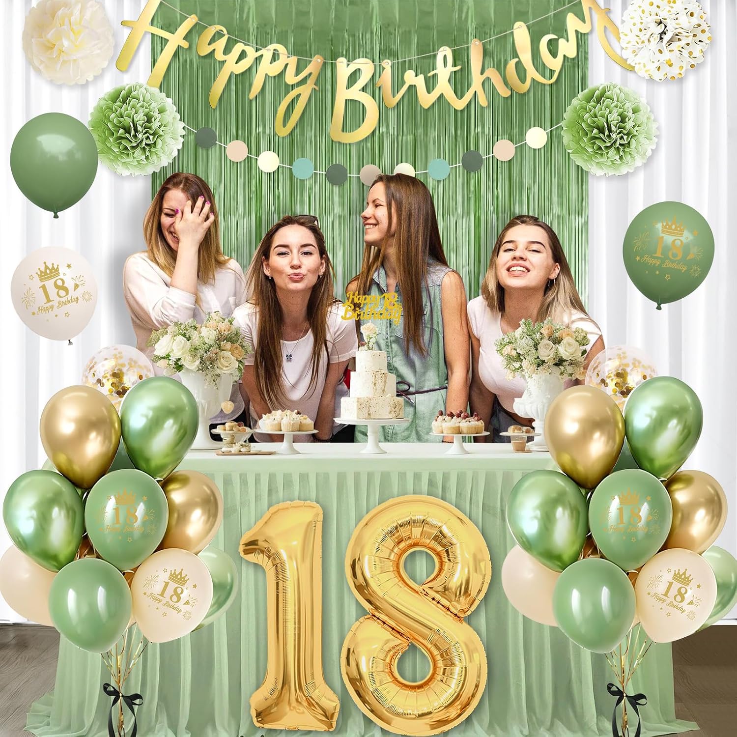 Detalle de 18 Geburtstag Deko Grün Gold Set – Luftballons, Banner, Pompons und Lametta-Vorhänge