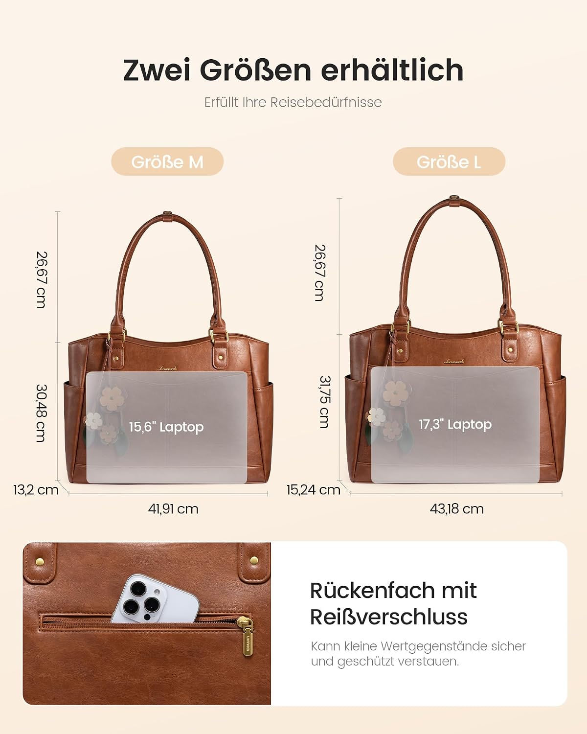 Thumbnail 5 de LOVEVOOK Laptoptasche Damen 15,6 Zoll – Große Tote mit Blumenanhänger aus PU-Leder