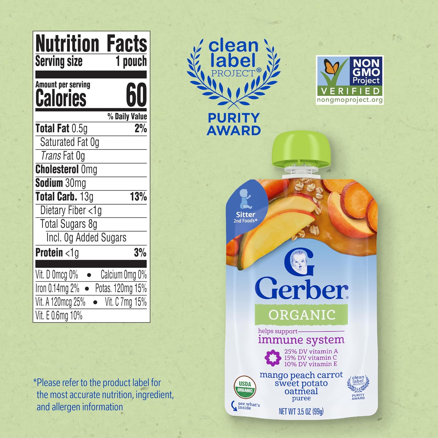 Detalle 2 de Gerber Organic Mango Peach Sweet Potato Oat Pouches, 3.5 oz, 12-Pack