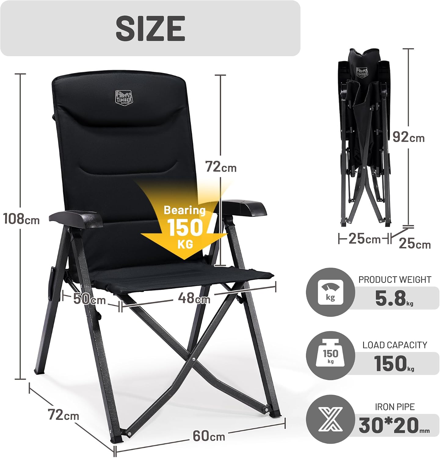 Detalle de TIMBER RIDGE Folding Camping Chairs (2-Pack) – Adjustable, Heavy-Duty High-Back Recliners for Outdoors