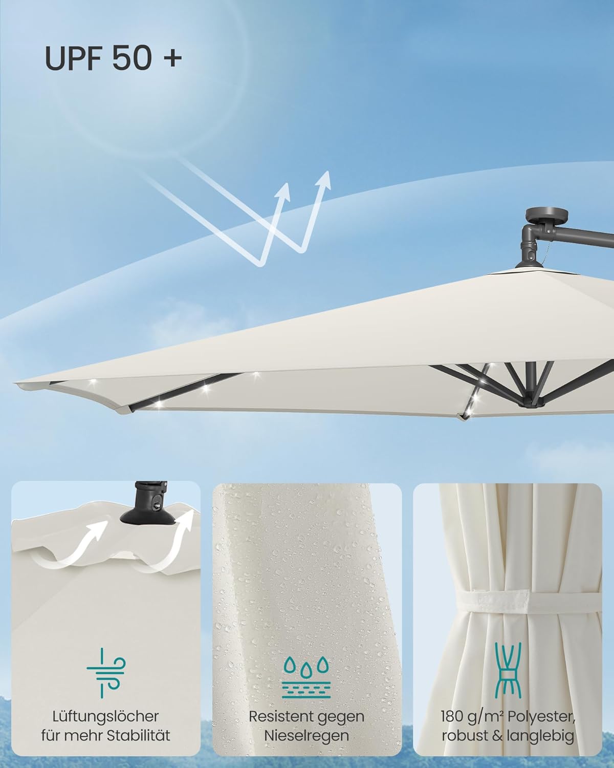Thumbnail 3 de SONGMICS Sonnenschirm mit LED-Solar-Beleuchtung, Ampelschirm 350 cm Ø, UPF 50+, beige GPU119LZ01