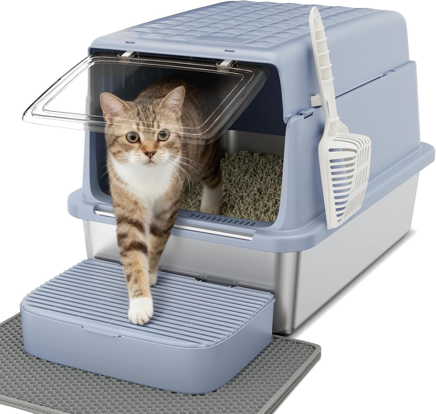 Detalle de Jumbo Stainless Steel Cat Litter Tray XXL 3-in-1 Enclosed Box with 120° Flip Lid – Grey