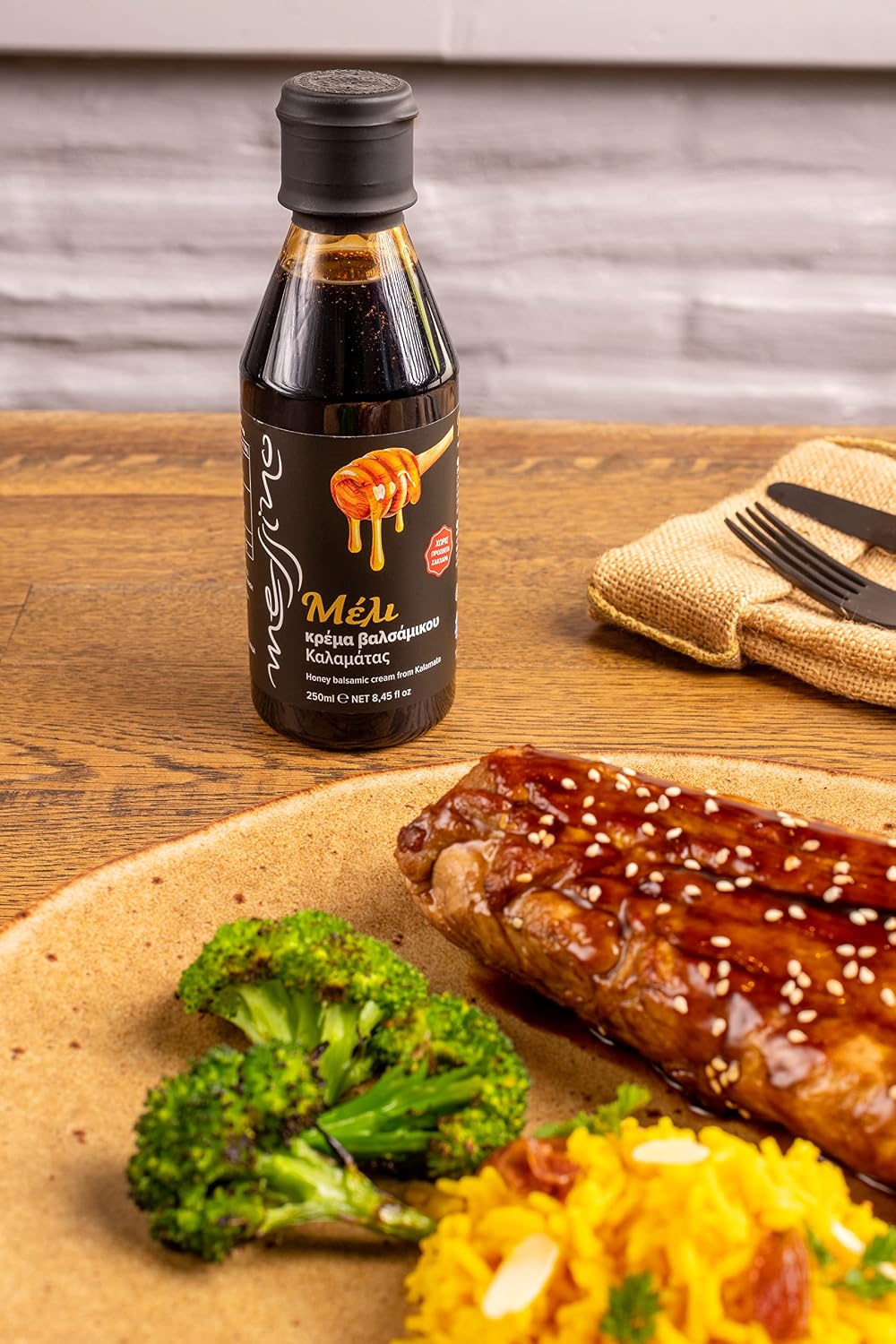 Detalle de Messino Honig Balsamico Crème Glaze (3er Pack) – weißer Balsamico mit griechischem Blütenhonig, zuckerfrei, vegan