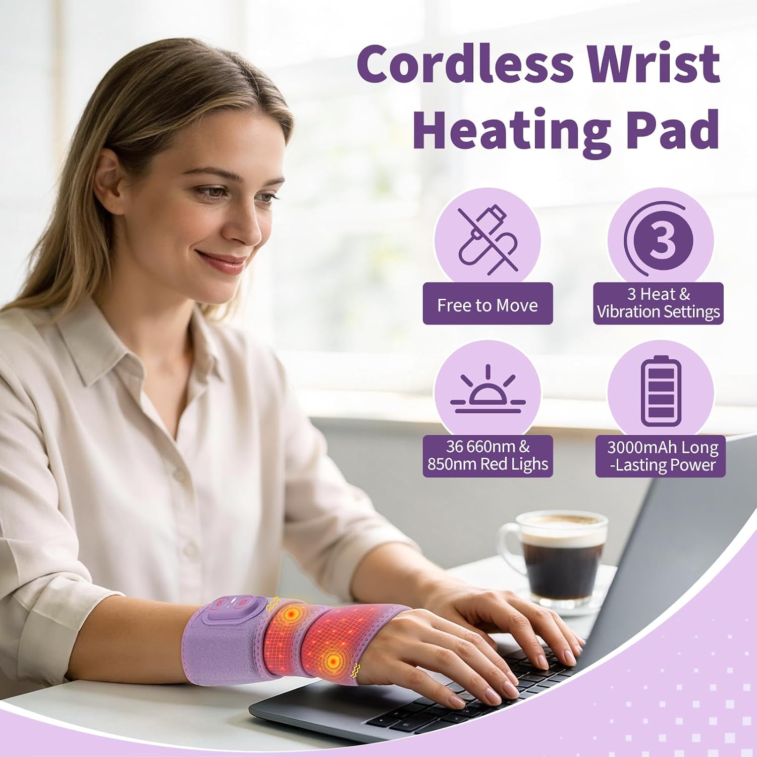 Detalle 2 de WoloyHeatie Cordless Heated Wrist Wrap, Purple, 3 Heat and Vibration Levels
