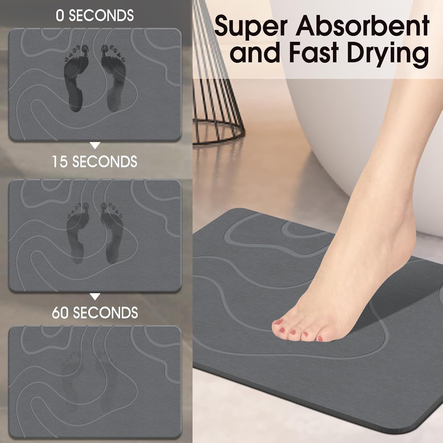 Thumbnail 2 de ZIKIBL Stone Bath Mat: Diatomaceous Earth Non-Slip, Quick-Drying 24" x 16" in Grey