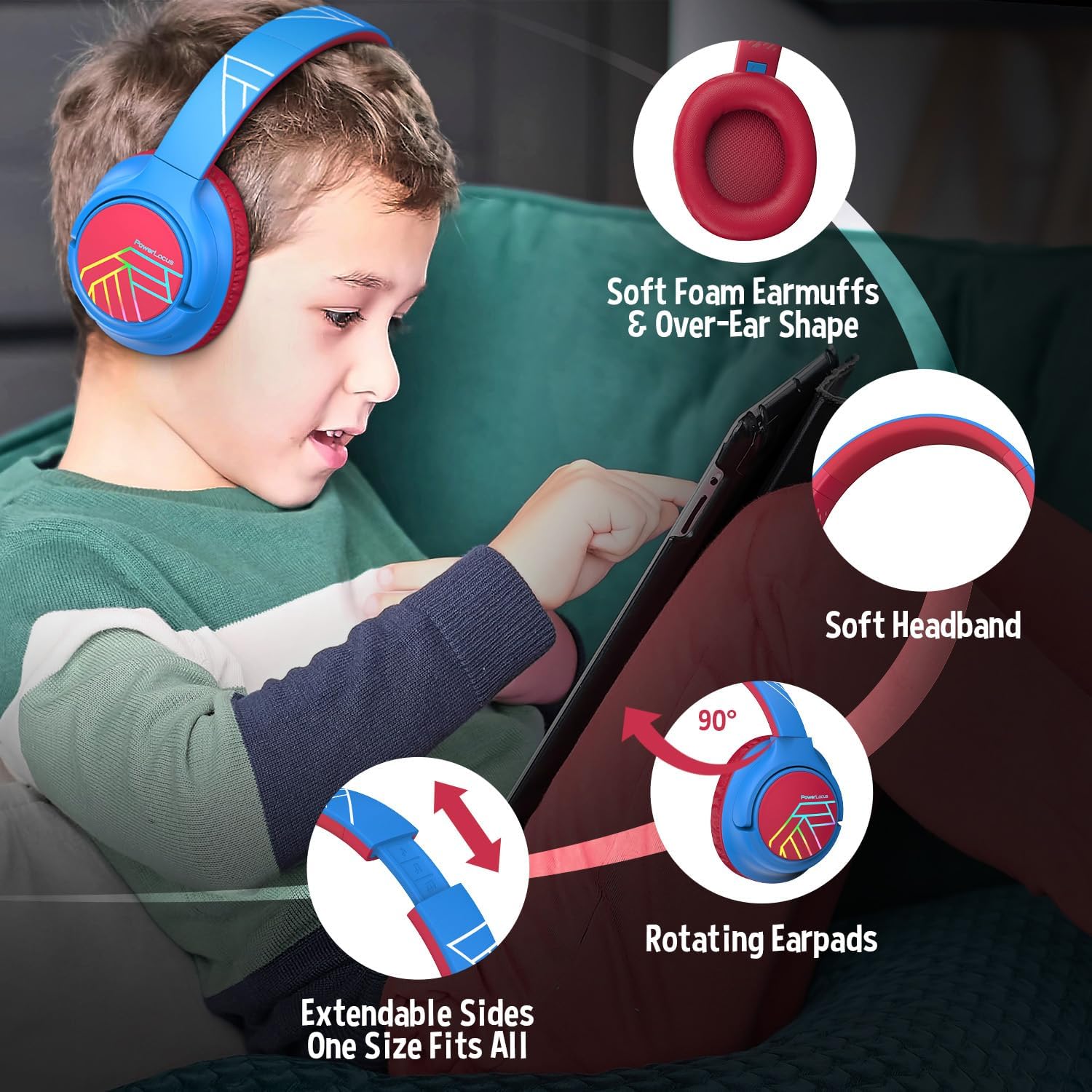 Thumbnail 4 de PowerLocus Bobo cuffie Bluetooth per bambini over-ear con limitazione volume 74/85/94 dB, LED e microfono