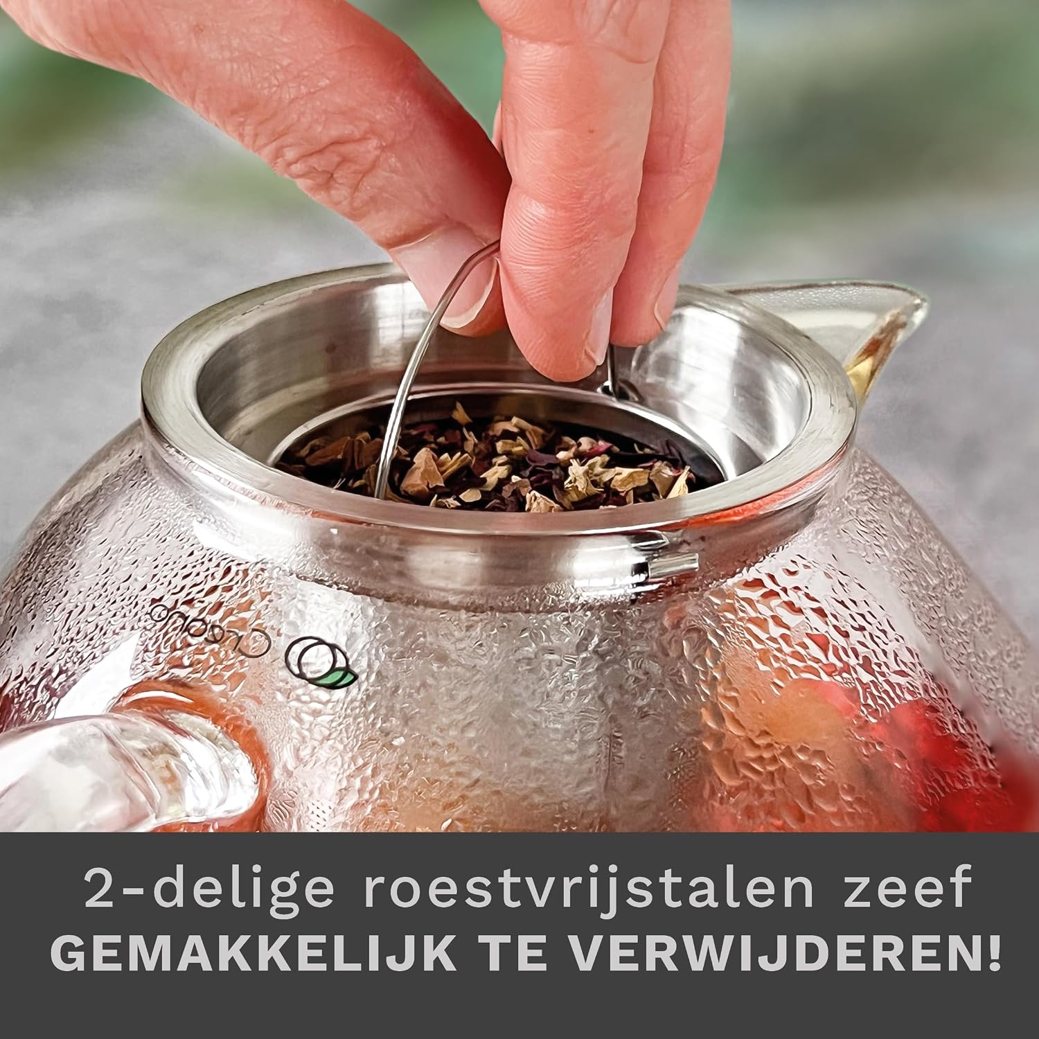Detalle 1 de Creano 056 glazen theepot Snavel, 1,3 liter met RVS-filter