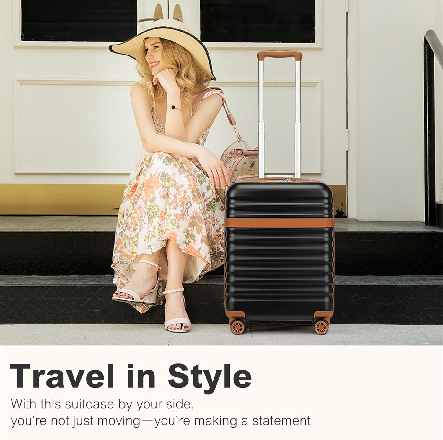 Thumbnail 6 de Kono 28 Inch Large Expandable Suitcase – Lightweight ABS+PC Hard Shell with 4 Spinner Wheels and TSA Lock (Black/Brown)