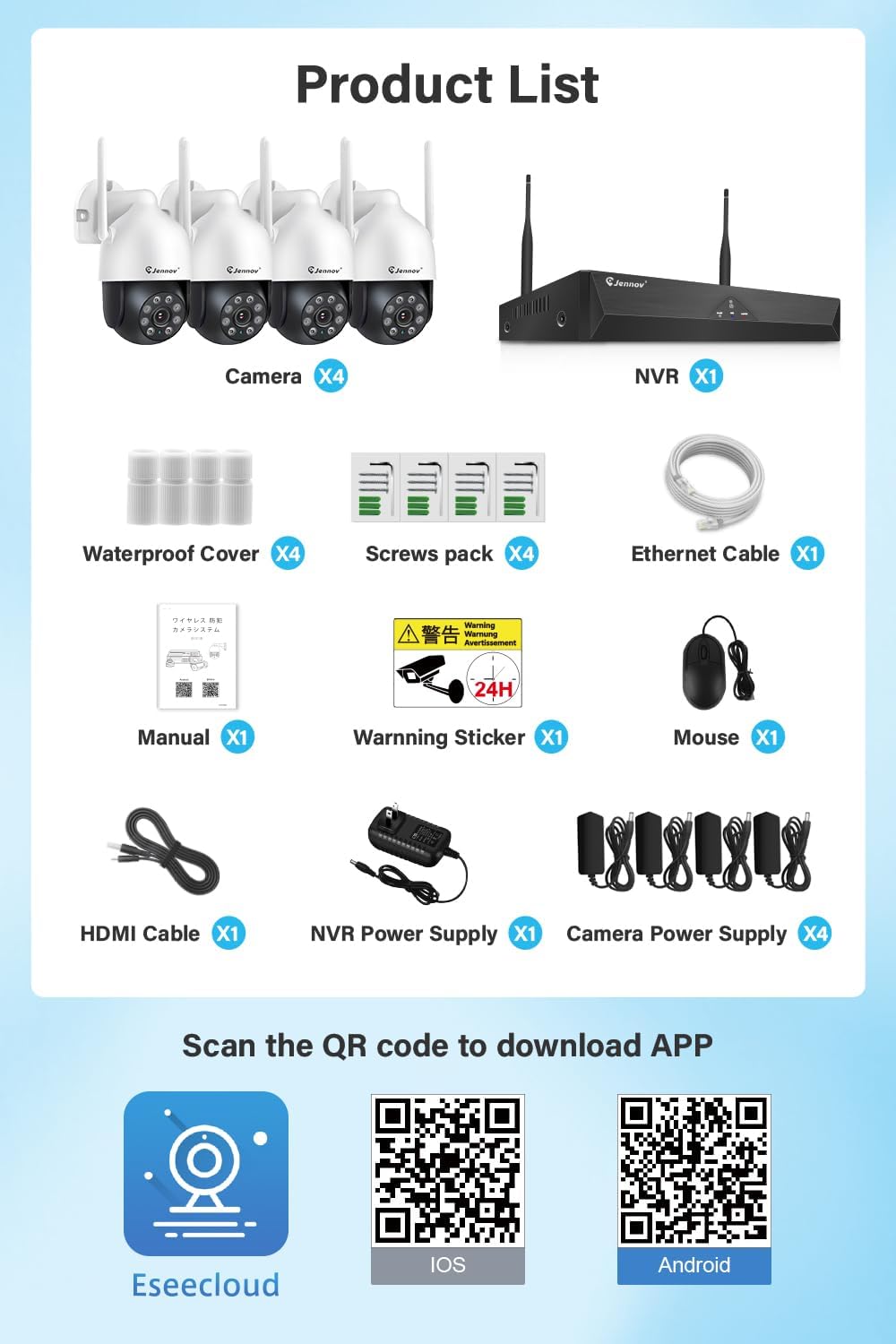 Thumbnail 6 de Kit videosorveglianza WiFi Jennov 5MP+PTZ con NVR 10CH e HDD 1TB (4 telecamere 5MP 360° PTZ)