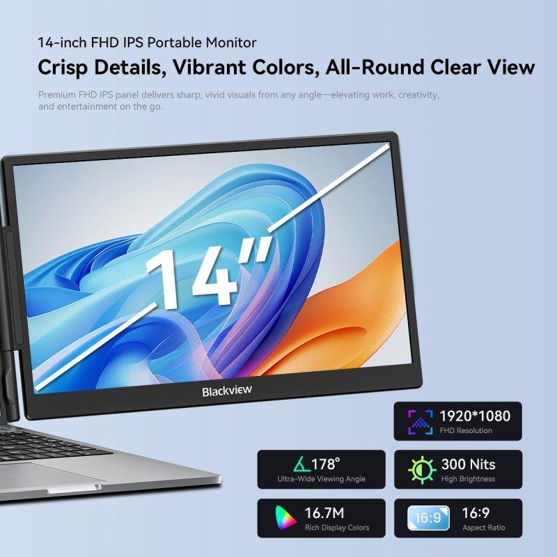 Detalle 2 de Monitor Blackview SCM5 14" FullHD IPS: portátil, plegable y con altavoces integrados
