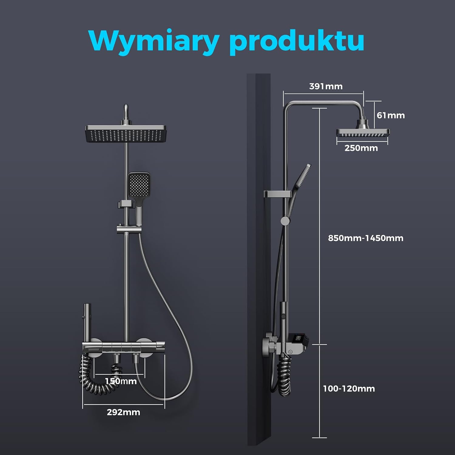 Detalle de CAPRYSE 4171 – zestaw prysznicowy z baterią, przyciskami piano i deszczownicą