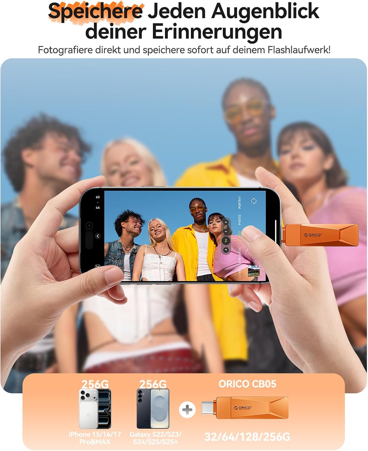 Thumbnail 2 de ORICO USB Stick 128GB CB05 – Dual USB-C/USB-A, USB 3.2 Gen1, 150 MB/s, Zinkgehäuse, 360° Drehverschluss, Orange