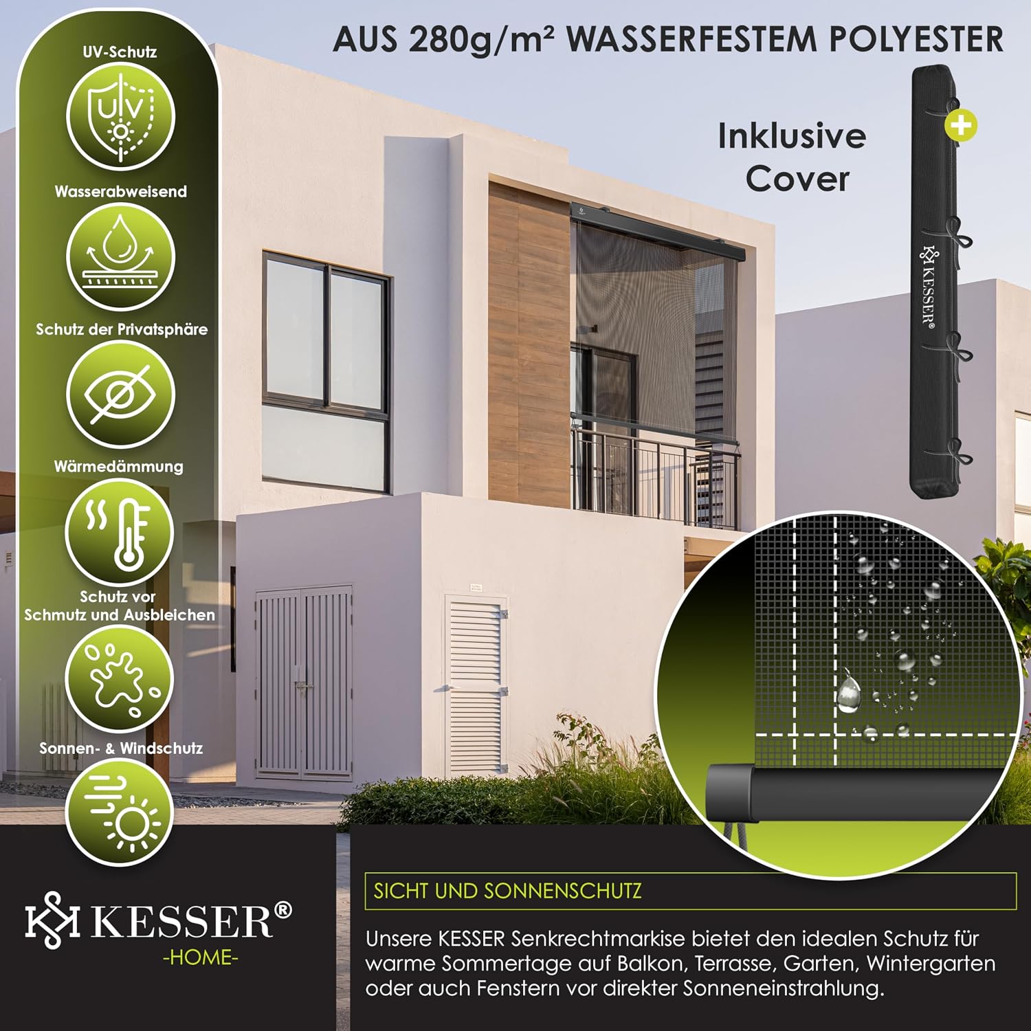 Detalle 2 de KESSER® Senkrechtmarkise 140x250 cm Außenrollo mit Handkurbel – Balkon- & Terrassenschutz