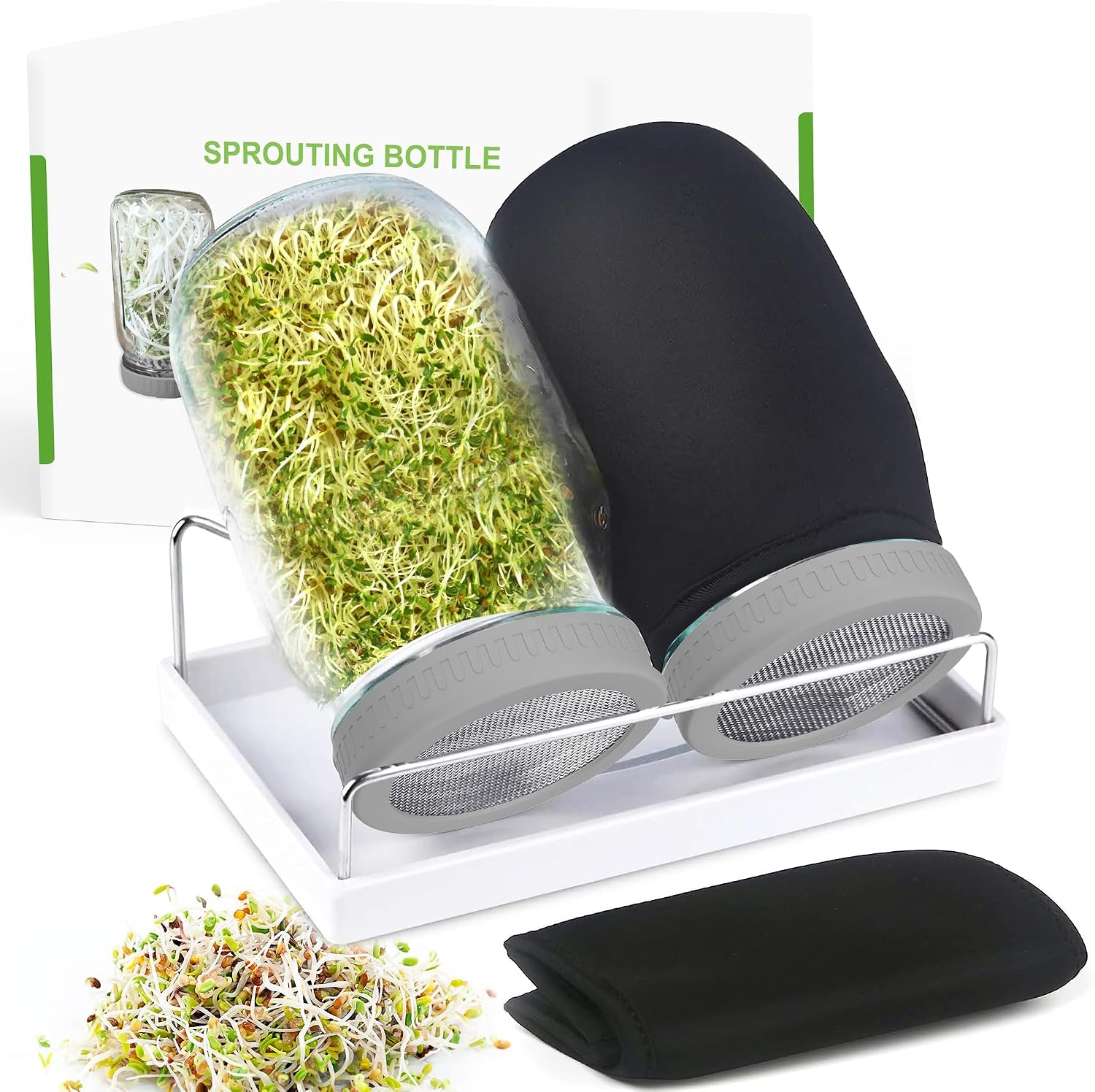 Detalle de Kitmiido Sprouting Kit Mason Jar Sprouter, 2 Wide-Mouth Jars, Stand and Tray