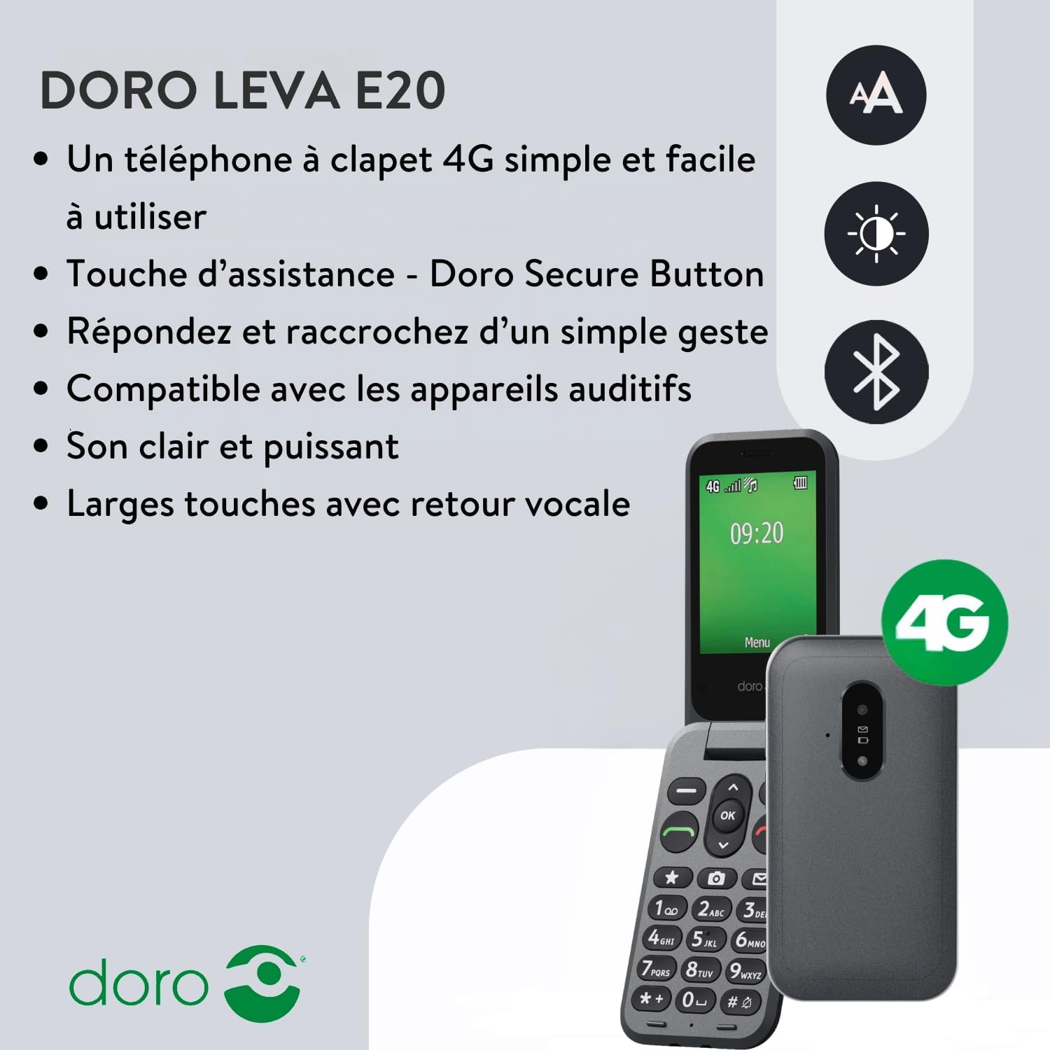 Detalle 2 de Doro Leva E20 4G – Téléphone à clapet pour seniors, grand écran 2,8'' et sécurité Doro Secure
