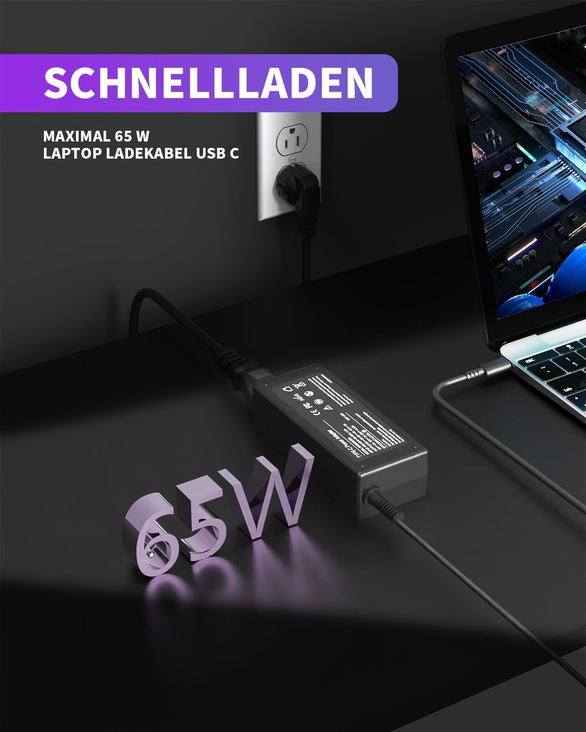 Detalle de 65W USB-C Laptop-Ladegerät für Lenovo ThinkPad und ThinkBook – Kompatibel mit ThinkPad Yoga, X1 Carbon, T- und E-Serien