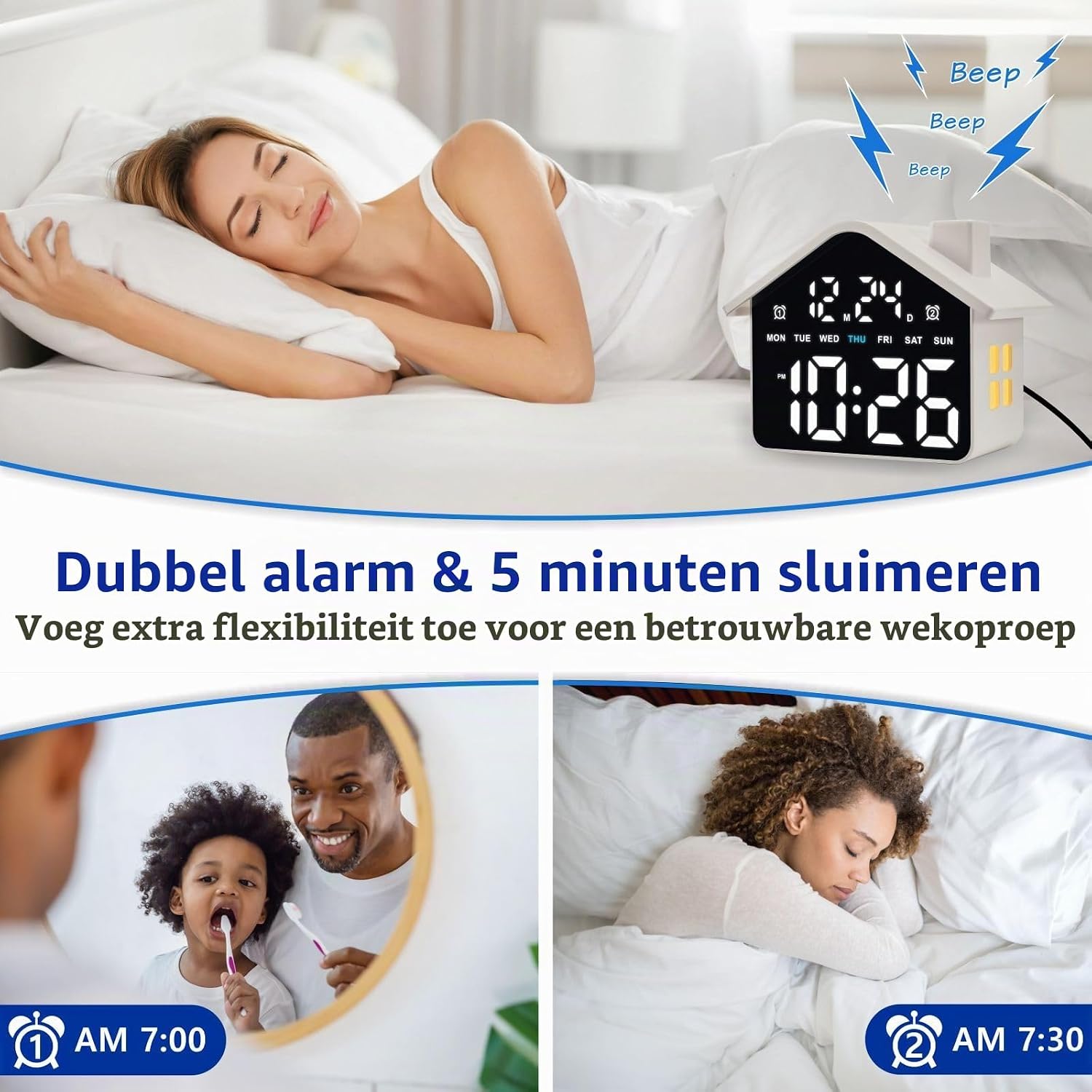 Detalle 1 de Plumeet VLEU-8053-WH digitale wekker met dubbel alarm en dimbaar display