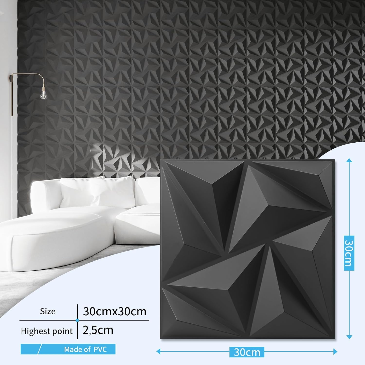 Detalle de Art3d 3D-väggpaneler i matt svart PVC, 20-pack för 1,8 m²