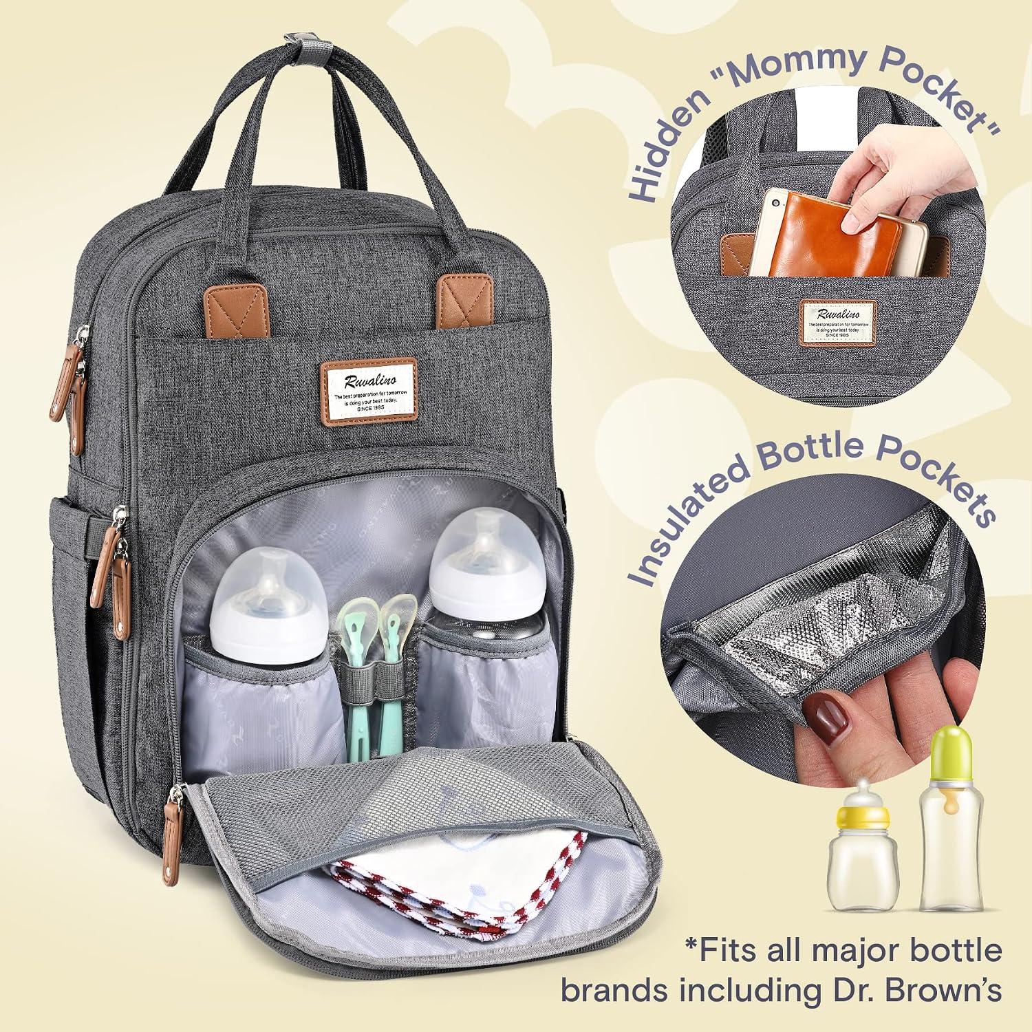 Detalle 2 de RUVALINO Diaper Backpack Large nappy bag with changing mat, insulated bottle pockets and laptop sleeve