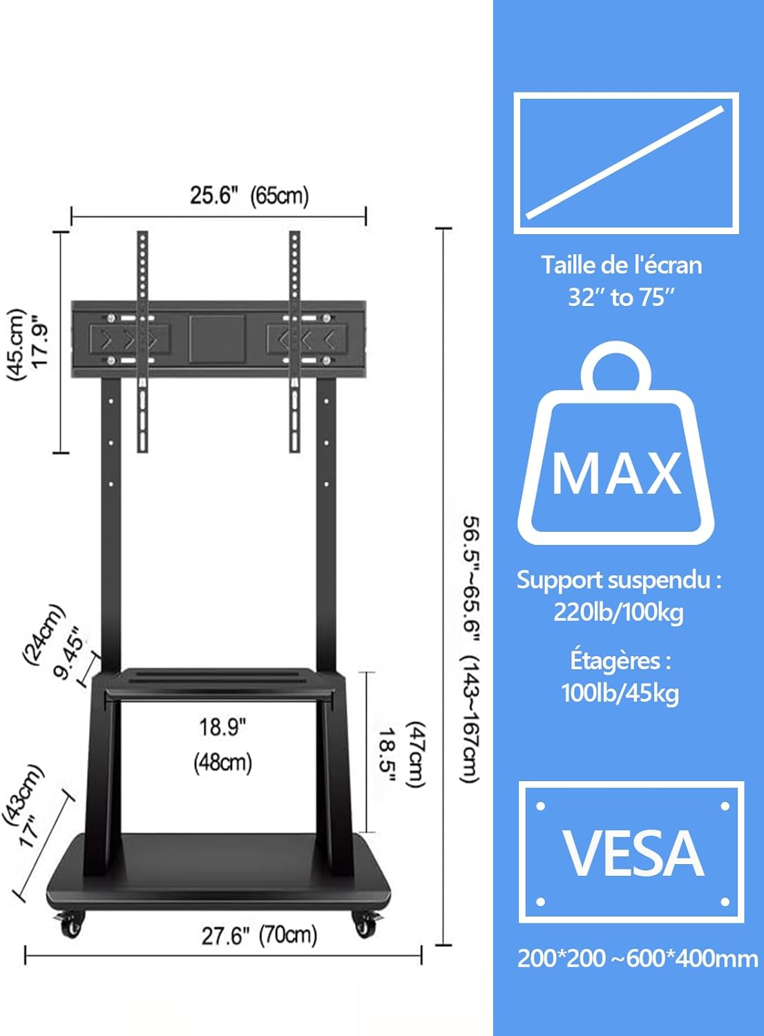 Detalle de Hellsehen Support TV mobile : chariot TV sur roulettes réglable et robuste pour écrans 32–75 pouces