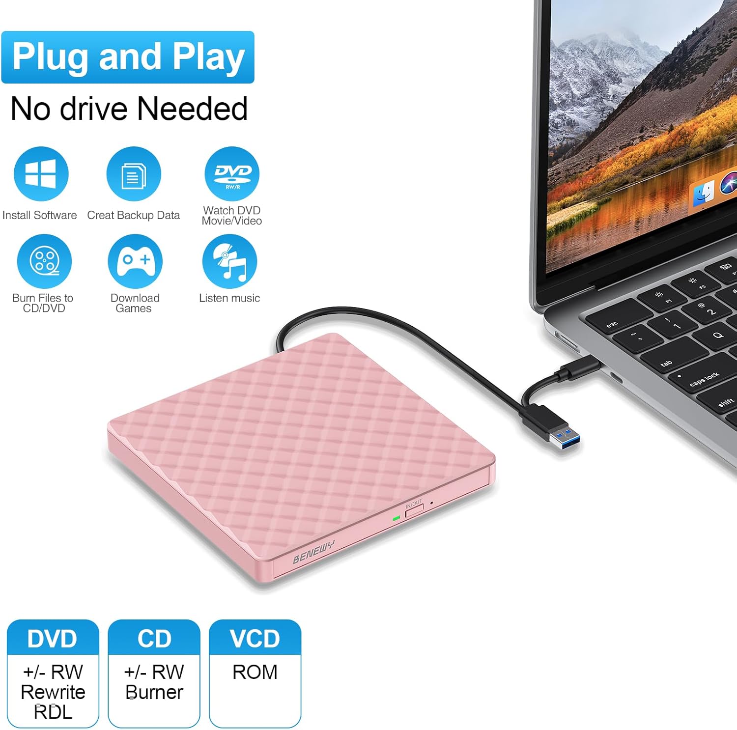 Detalle de External CD/DVD Drive for Laptop: USB 3.0 Type-C Slim DVD Burner and Reader (Pink)