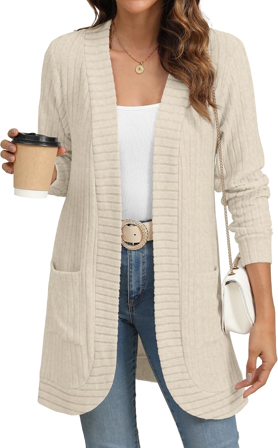 Detalle de YSYOKOW Women's Long Cardigan with Pockets — Open Front, Lightweight & Soft
