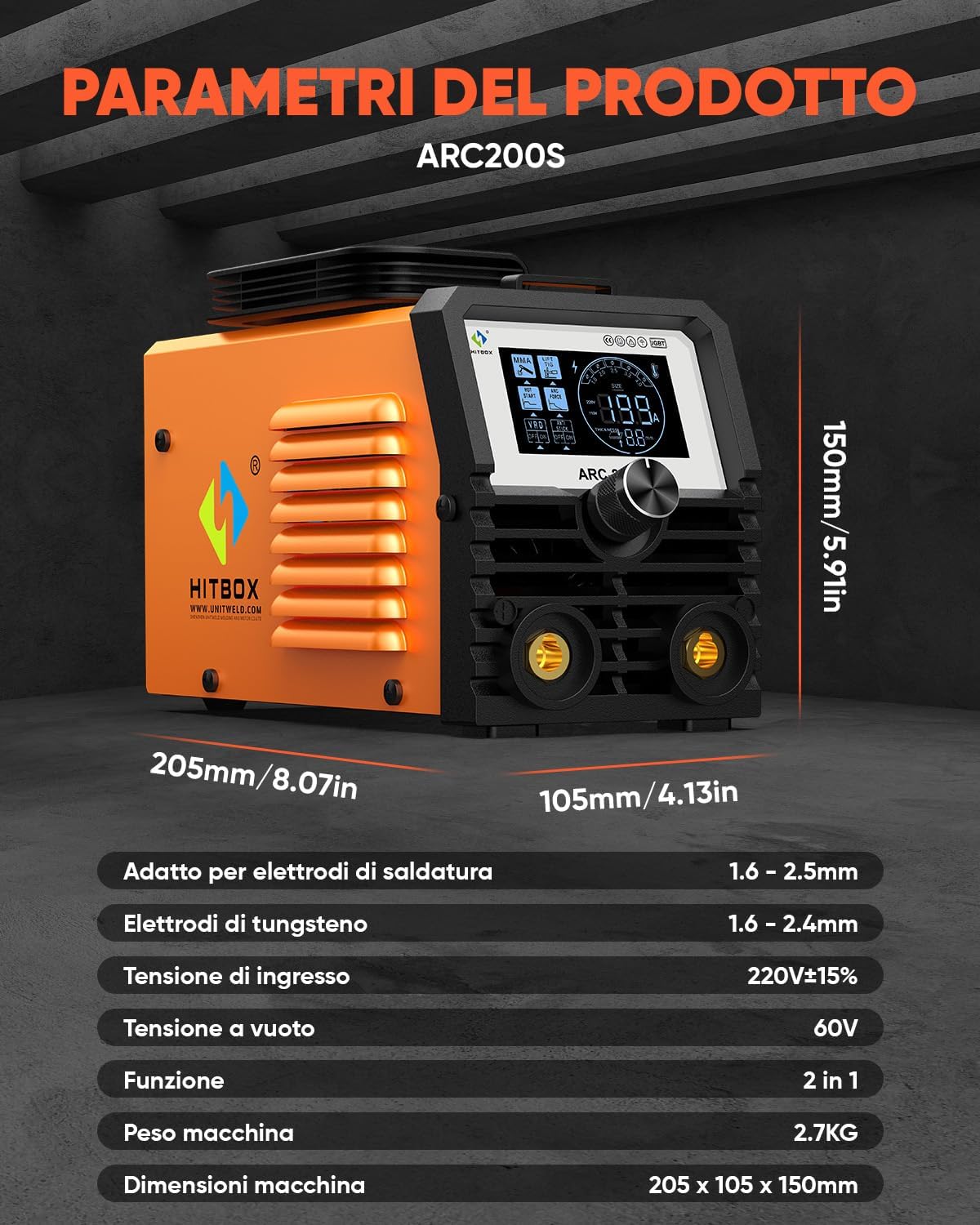 Thumbnail 2 de HITBOX ARC200S 230V Mini Saldatrice Inverter IGBT 2‑in‑1: MMA e Lift TIG compatta con Display LED