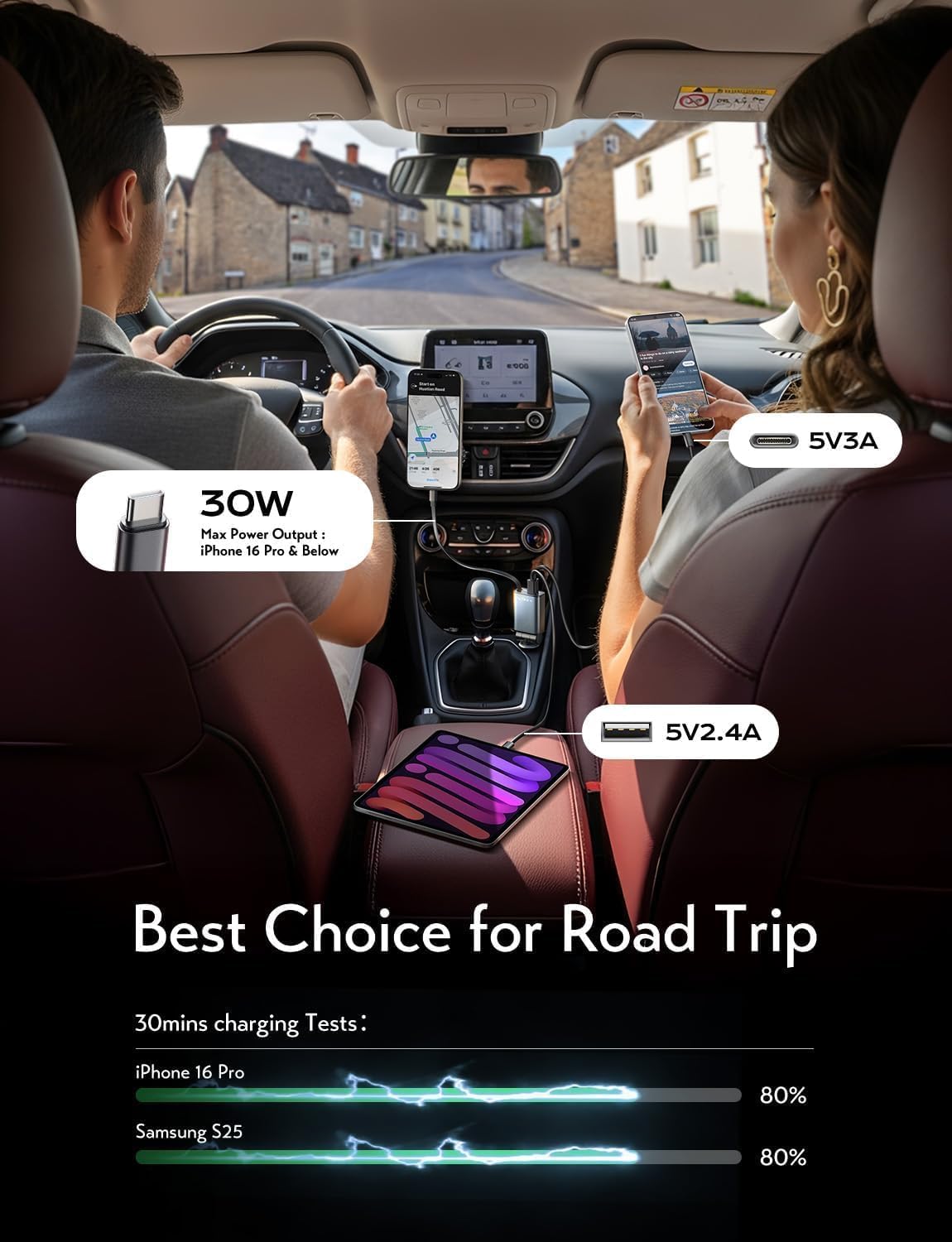 Detalle 2 de LISEN Cargador Rápido Coche 57W USB 🚗para iPhone, Samsung, Xiaomi